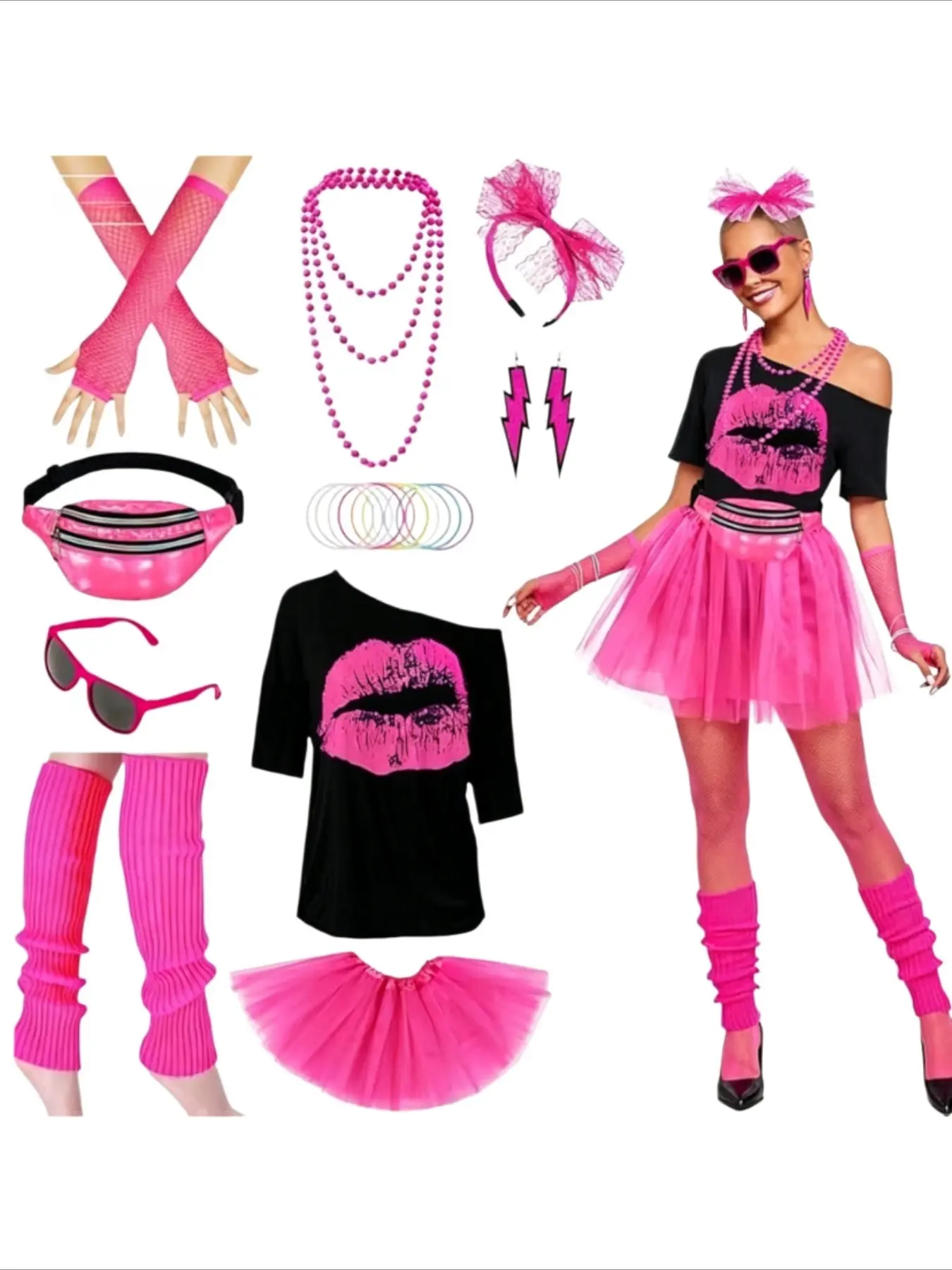 1980s Drop Shoulder T-Shirt Tutu Skirt Set Party Dance Performance Costume with Waist Bag Necklace Bracelet Earrings Foot Covers Dance Costumes