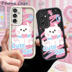 Sweet Pastel Graffiti Bow White Kitten TPU Phone Case for Samsung Galaxy S26 S25 S24 S23 S22 S21 note20 ULTRA PLUS FE A54 A53 A52 A36 A34 A33, Cute Heart Star Doodle Cartoon Cat Design, Shockproof Full Surround Screen Protection Anti-Fall Case