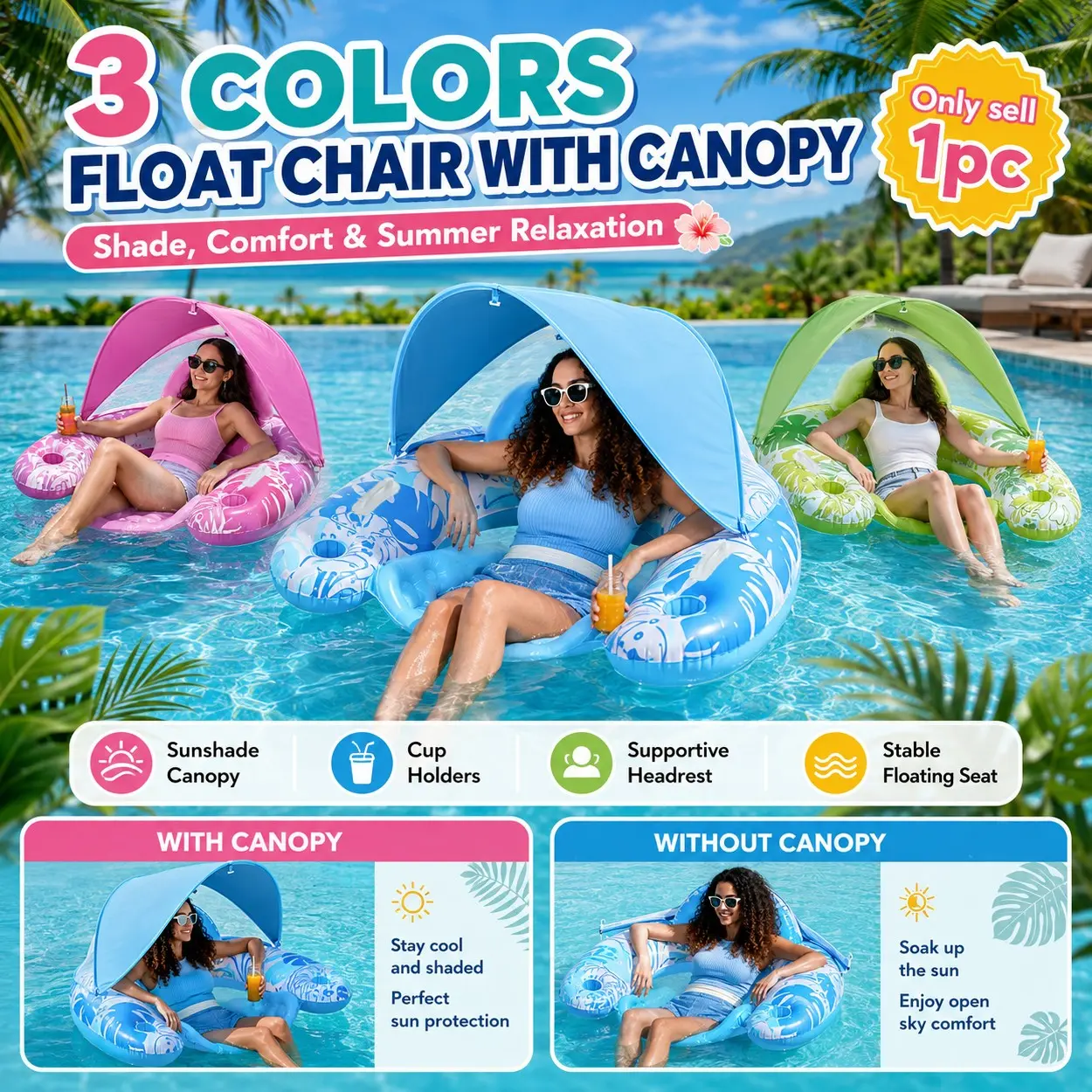 Inflatable Pool Float Chair with Canopy for Adults, Tropical Leaf Lounge Raft with Cup Holders, Headrest, Sunshade, Comfortable Back Support, Stable PVC Floating Seat for Pool, Beach, Lake, Resort, Patio, Backyard and Summer Water Leisure