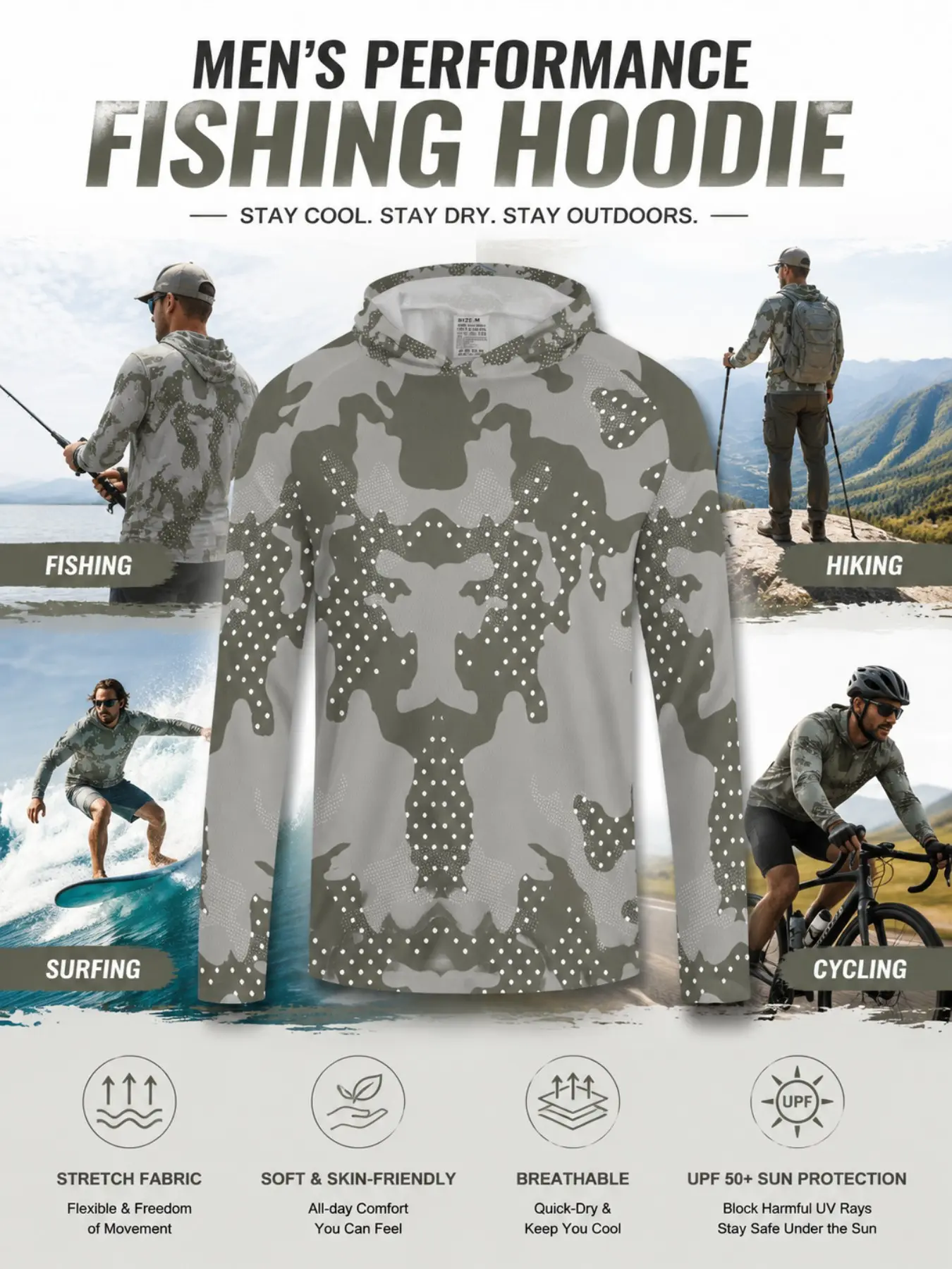 Men's Bass Fishing Hoodie, Camo Long Sleeve Sun Protection Quick-Dry Dry Fit Active Sportswear, Loose-Fitting Pullover for All Seasons, Camo Print Hoodie, Hoodie Clothing Tops