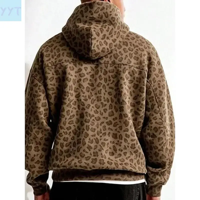 YYT1 Y2K Leopard Print Hoodie, Oversized Cheetah Shirt, Retro Casual Long Sleeved Pullover With Pockets Menswear Polyester Sweatshirts Textured compression shirts Khaki Tops Cotton Wetsuit workout tops