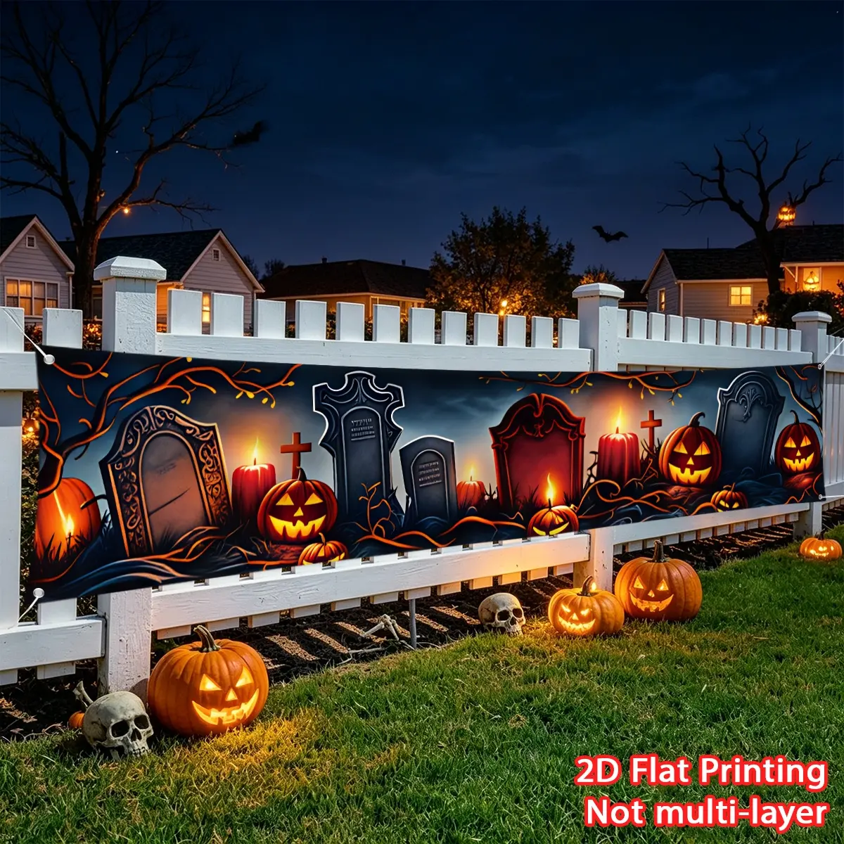1pc Halloween banner cemetery candlelight Halloween banner large banner, fence banner high-definition printing suitable for fence decoration