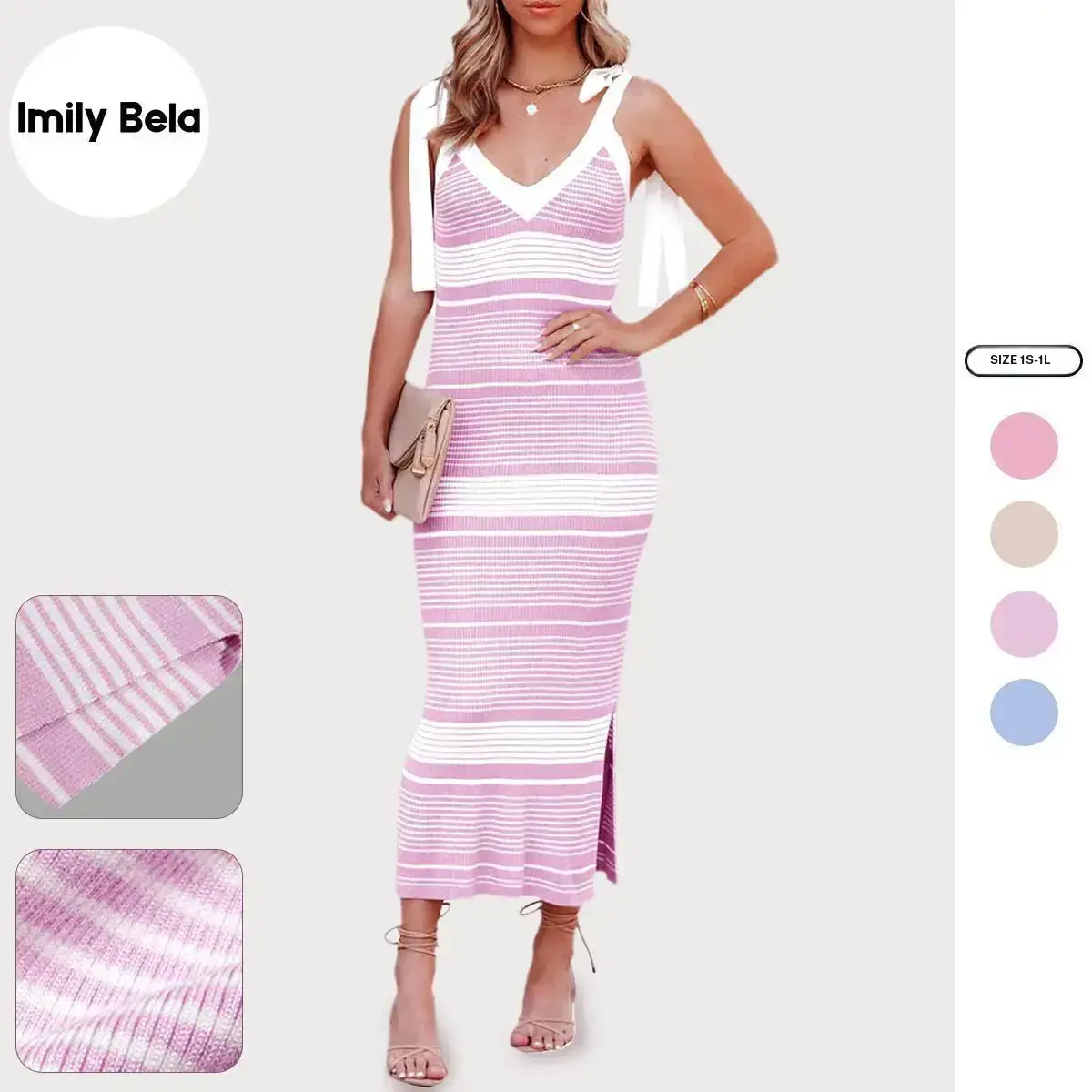 Imily Bela Women's Summer Midi Bodycon Sweater Dress Sexy V Neck, Tie Shoulder, Striped Knit, Side Slit, Sleeveless Tank Cocktail Ribbed Dress