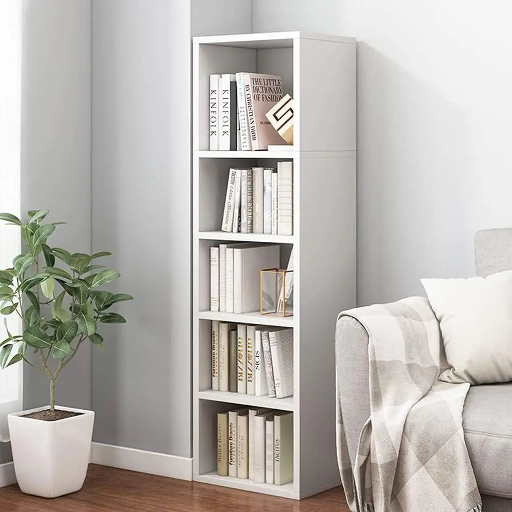 Small Narrow Corner Bookcase - " Tall Gap Storage Cabinet, White | Modern Minimalist Style, MDF Material, Adjustable Shelves, 5 Cubes Open Bookshelf, Floor Tower Rack, Space-Saving Organizer