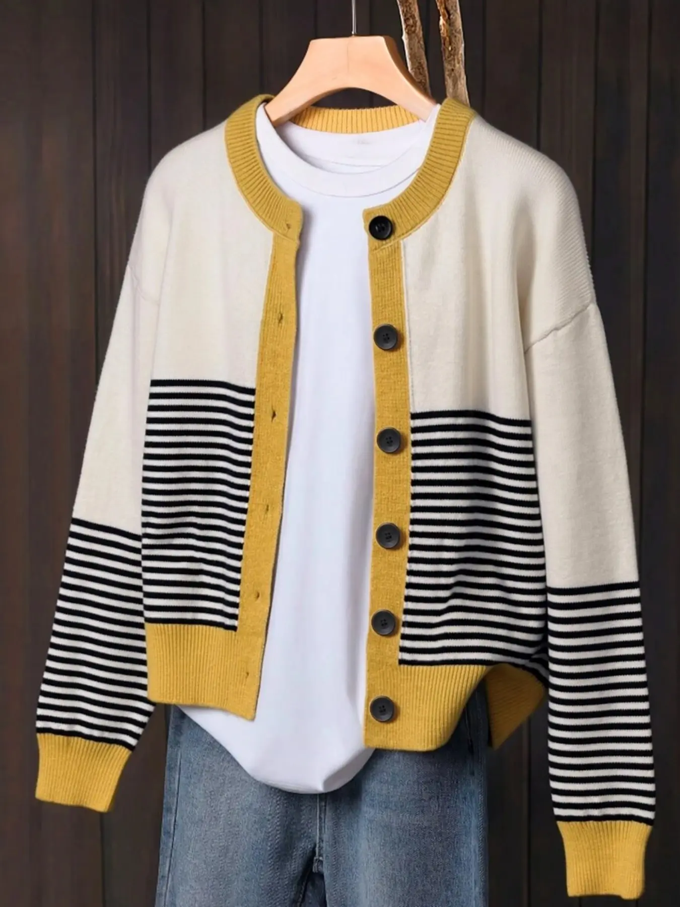 Women's Colorblock Striped Long Sleeve Cardigan, Casual Loose-Fit Knitted Sweater Coat, Fall & Winter Fashion, Elegant and Comfortable