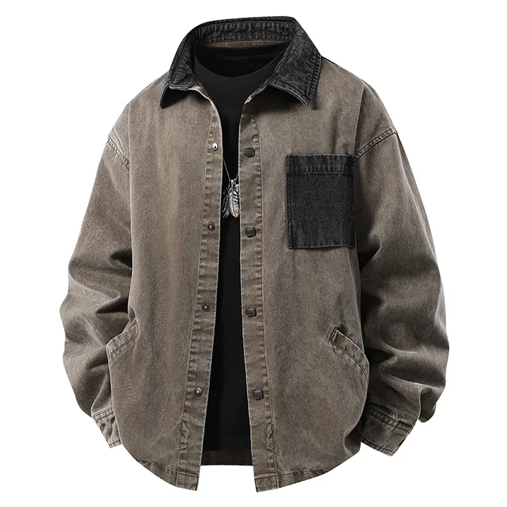 Men's Retro Washed Denim Jacket Coat, Casual Long Sleeve Workwear Tops with Contrast Pocket and Dropped Shoulders for Menswear, Coats, Stylish, Cotton, Colorblock, Medium Length