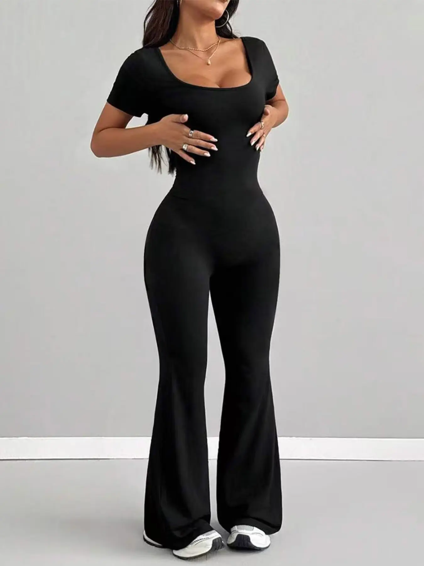 Women's Jumpsuit Bell Leg, Fashionable Versatile Solid Color Jumpsuit, High Elasticity Slim Fit Daily Wear, Stylish and Comfortable, Fitted Jumpsuit, Fit Jumpsuits
