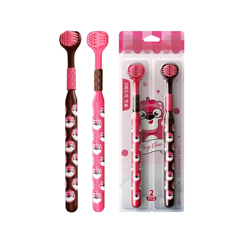 2-Pack Three-Sided Soft-Bristle Toothbrush – Deep Cleaning for Teeth Gaps and Tongue Coating – Cute Pink Bear Handle – Suitable for Couples
