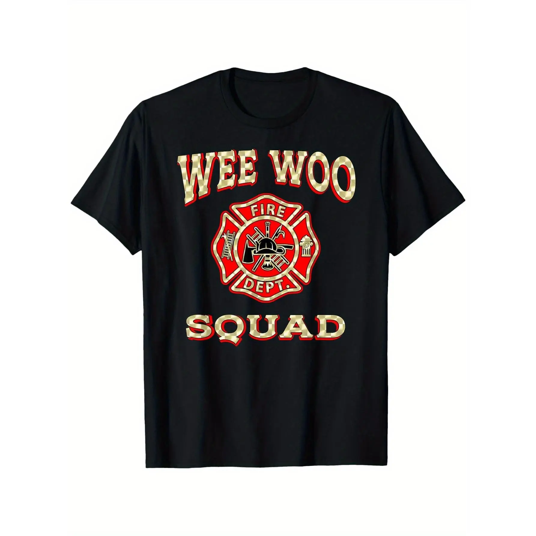 Men's Knitted Shortsleeve Tops, Firefighter Geometric Print Casual T-Shirt, Round Neck Regular Fit Stretch Polyester, Machine Washable, Menswear, Tshirt, Fabric, Elastane, Polyester Blend, Stretch Knit