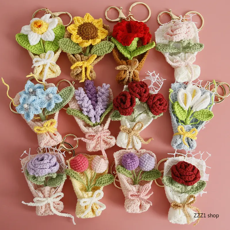 Handmade Keychain with Crocheted Fabric Flowers, Amigurumi Detail Sunflower and Rose Bag Charm, Cute, Diy, Amigurumi Charm, Handcrafted Detail, No, Pink Rose Pendant