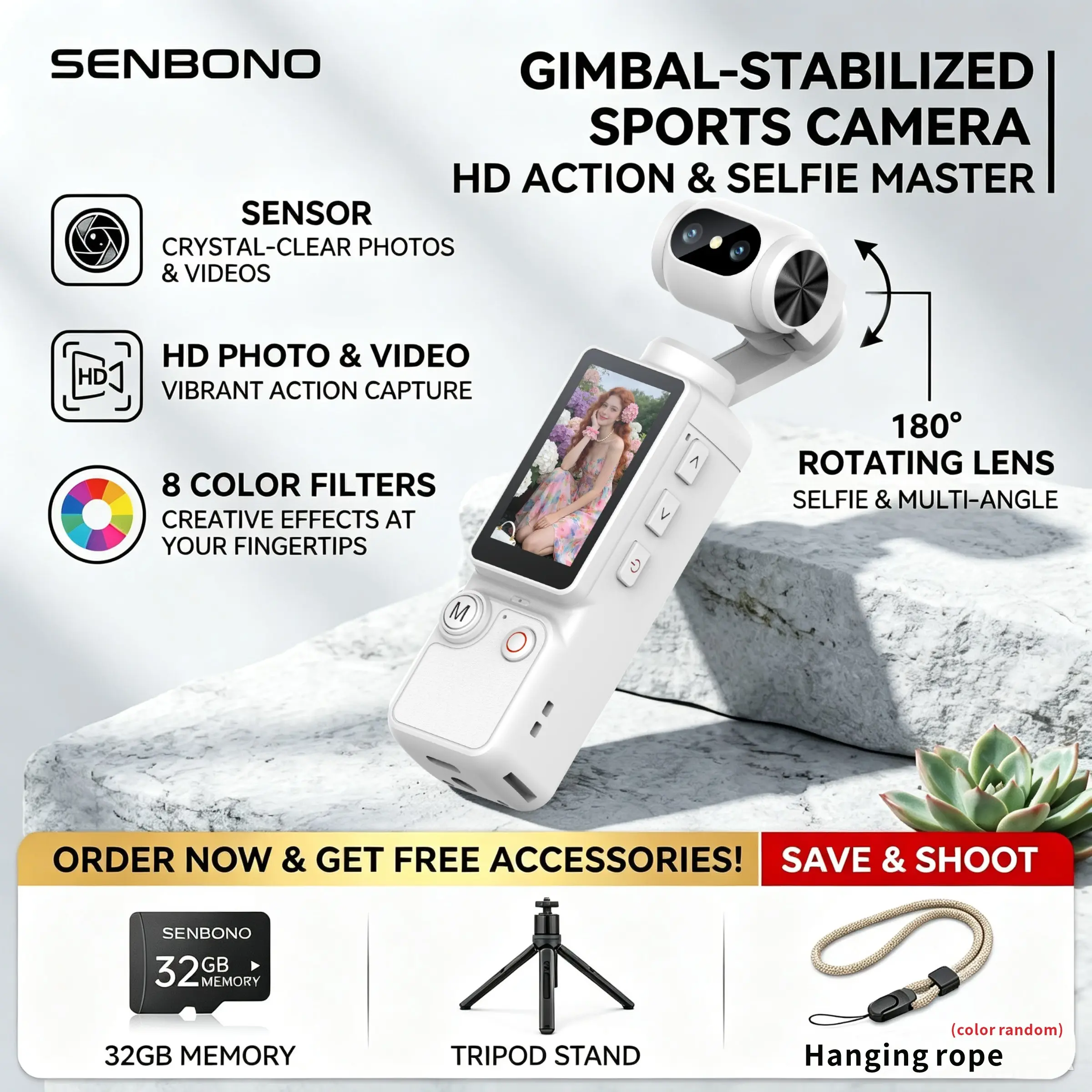 SENBONO Portable high-definition sports camera, rechargeable battery, 7-hour continuous recording, 180 ° rotatable lens, night vision, suitable for cycling, outdoor activities, video logging, travel, and daily life recording