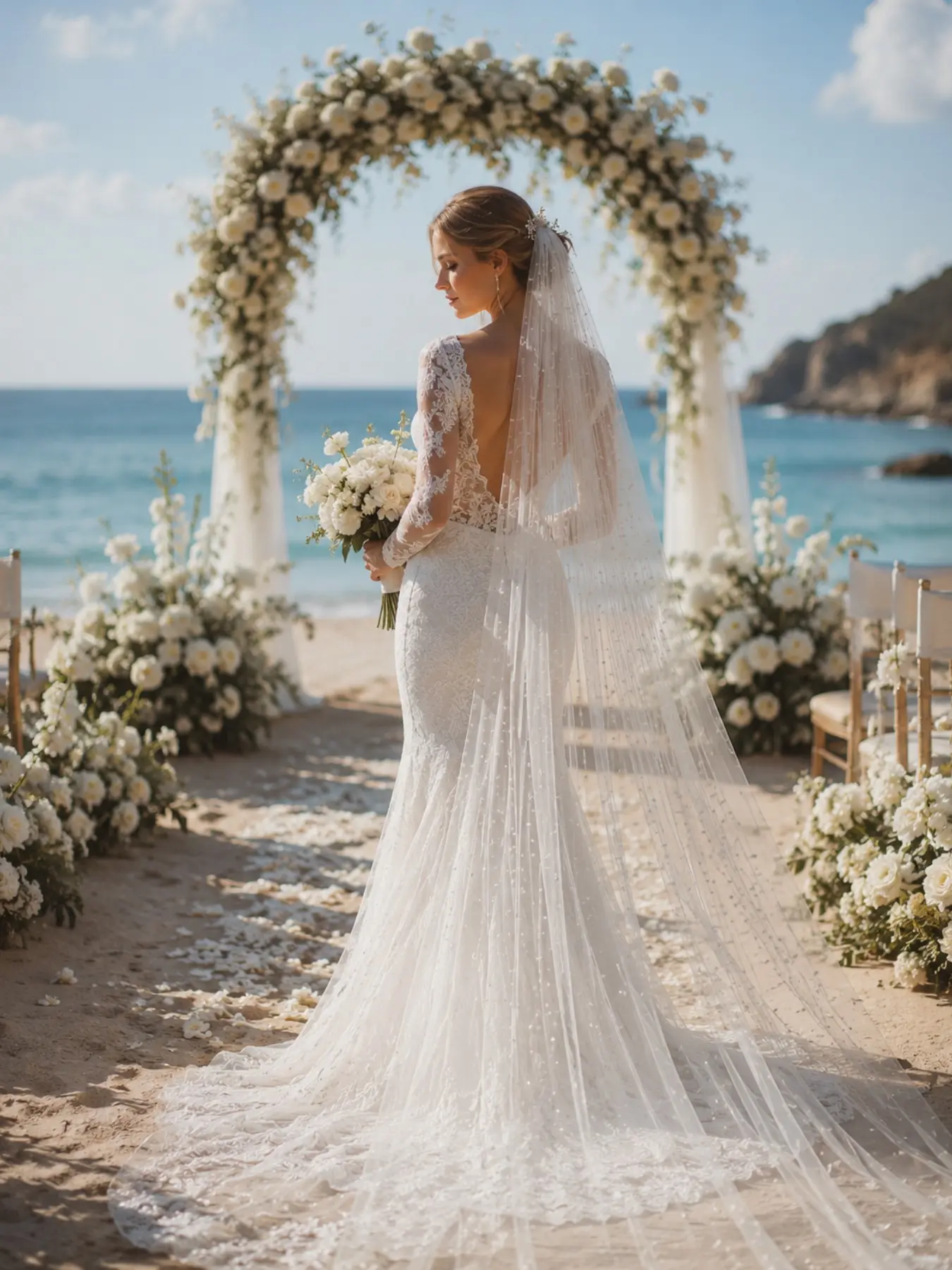 2m Cathedral-Length Beaded Bridal Veil,High-Quality Soft Tulle,Minimalist Pearl-Embellished Long Wedding Veil,Wedding Veils for Brides,Ideal for Beach or Seaside Elopement Photoshoots