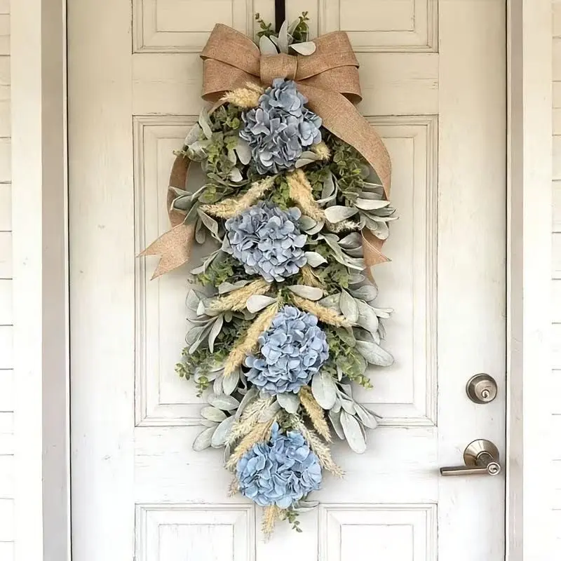 Hydrangea Bow Wreath, Farmhouse Style Door Decor, Harvest Wreath, All-Season Wreath, 1pc, Perfect for Home Decoration