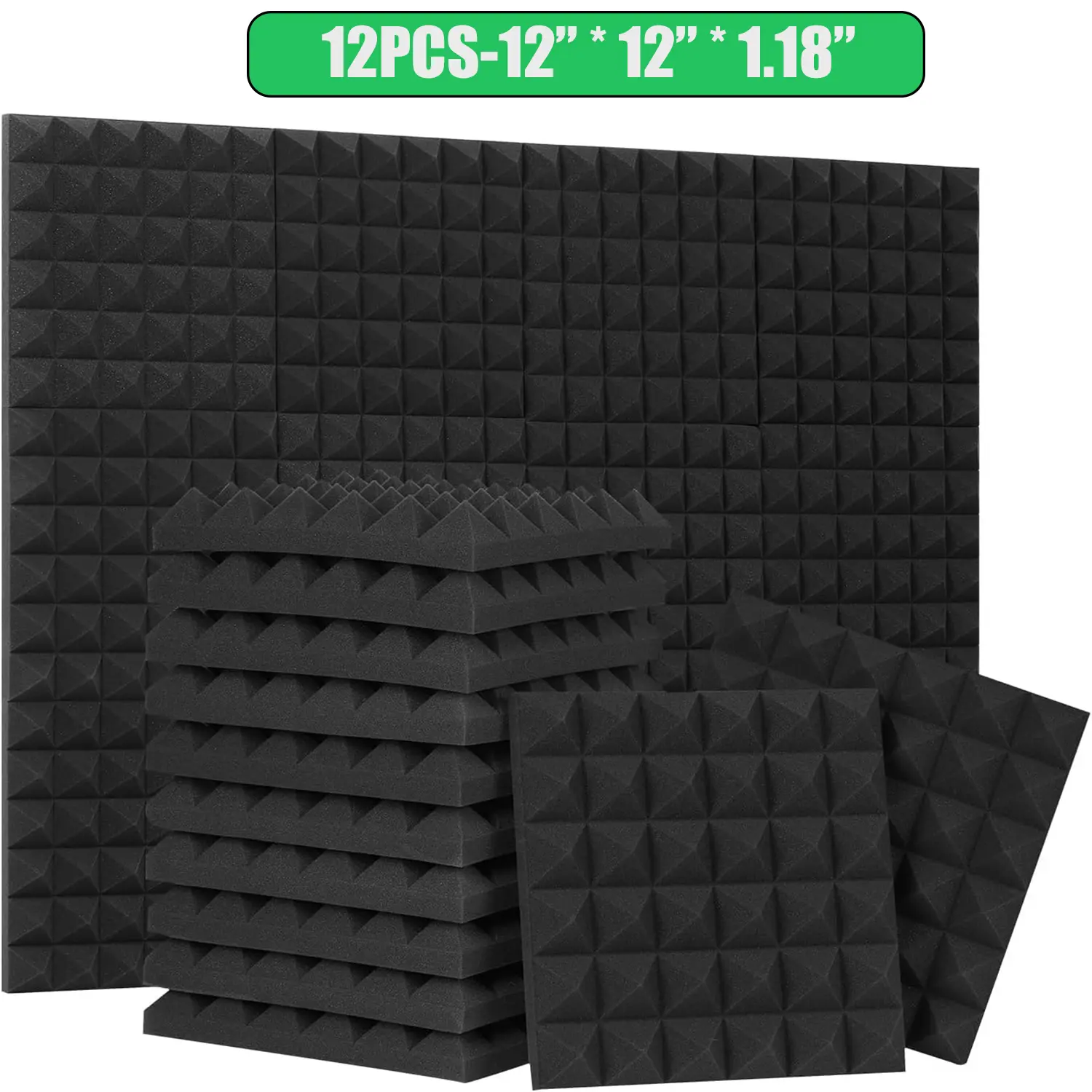 12-Pack 1.18” Thick Pyramid Acoustic Soundproof Foam Panels for Walls, High NRC Echo Control, 12 Sq Ft Coverage, 25kg/cu m High-Density Foam, Flame Retardant Certified, Recording & Home Studio Use