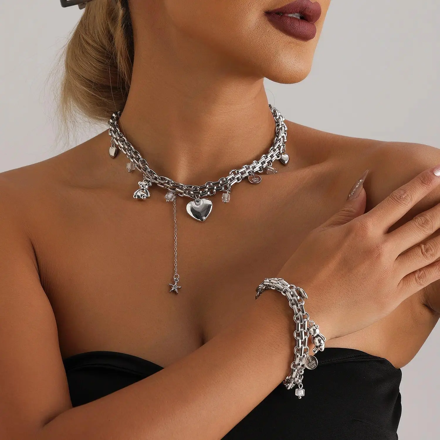 Women’s Y2K Chunky Silver Chain Jewelry Set, Punk Charm Choker Necklace with Bear Heart Star Crystal Dangles, Matching Stackable Bracelet, Edgy Statement Accessories for Streetwear, Parties & Daily Outfits