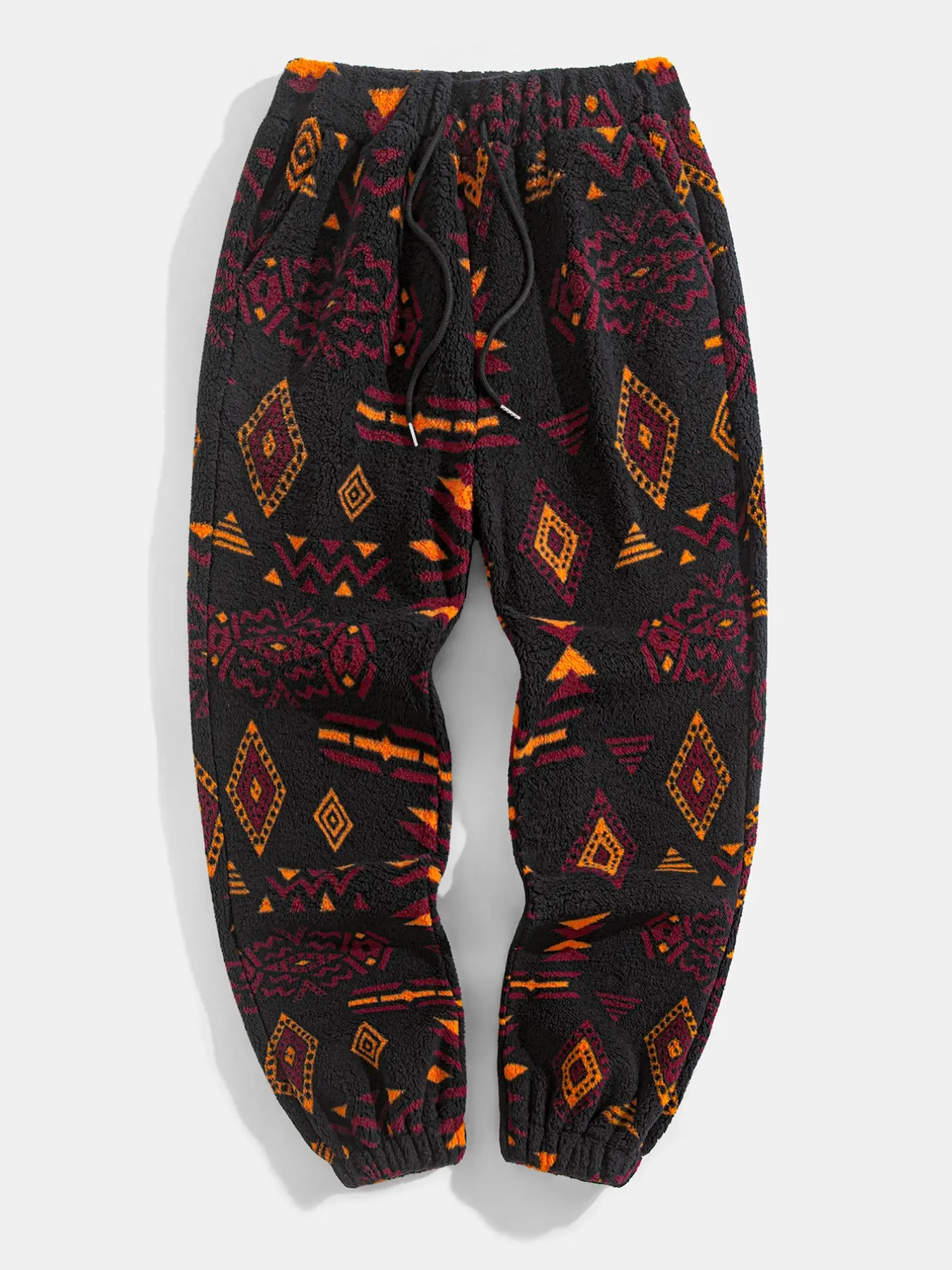 Men Navajo Aztec Tribal Print Fluffy Fleece Jogger Pants, Drawstring Elastic Cuff Sweatpants, Soft Warm Casual Streetwear