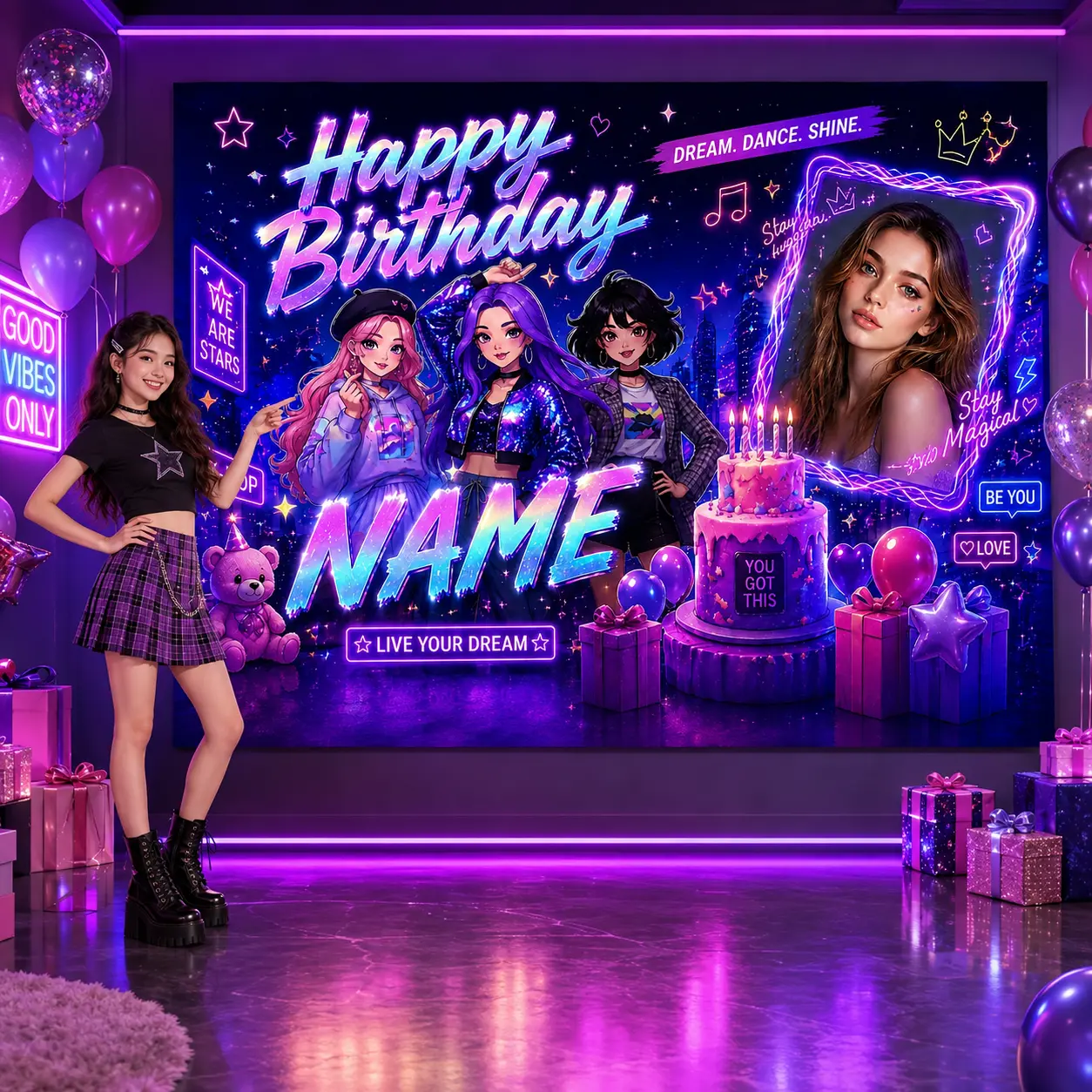Customizable Neon Glow Pop Idol Birthday Backdrop, Personalized Photo Print & Name Purple Music Party Decor Banners