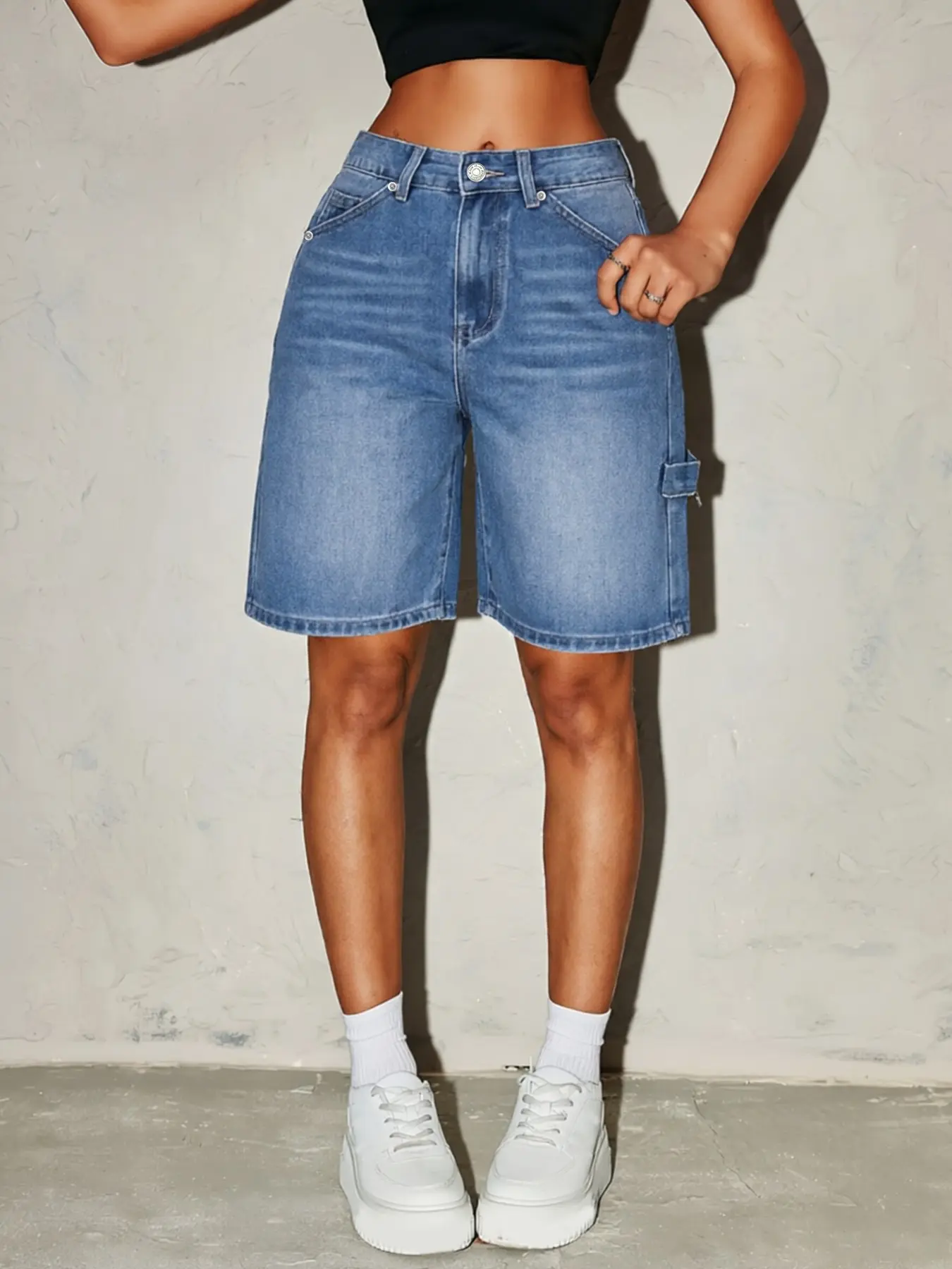Women's Casual Wide-Leg Jeans Shorts, Summer Thin High-Waist Non-Elastic Bermuda Short Pants, Loose Fashion Straight Leg Street Style, Denim Summer Shorts