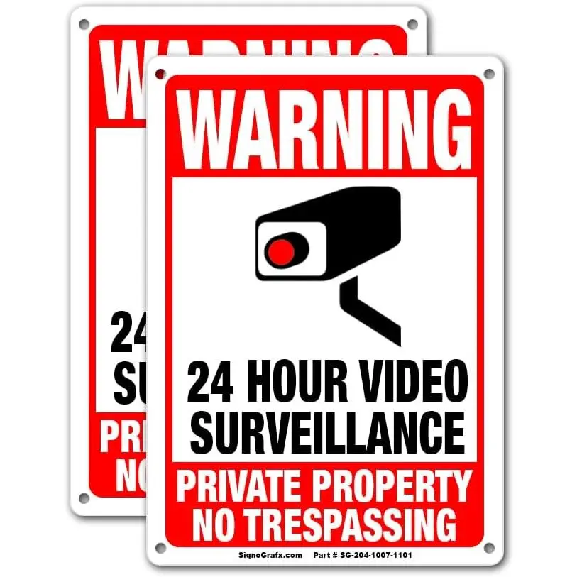 2-Pack Reflective 10x7" Video Surveillance Signs with Camera Icon, Aluminum Digital Print Private Property Trespassing Signs for Home Driveway, Indoor Outdoor Security Alert Use