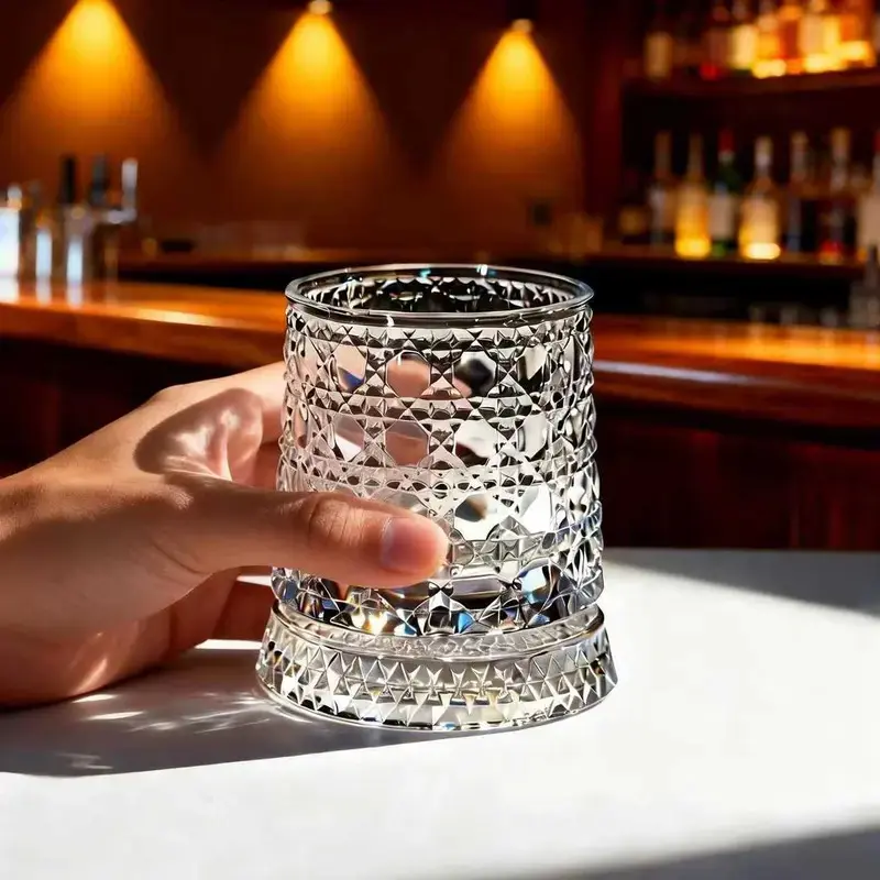 360° Spinning Whiskey Glass, Diamond Embossed Heavy Base Crystal Tumbler, Rotatable Old Fashioned Glass Cup, Unique Gift for Men for Bourbon Scotch Whiskey, Drinkware