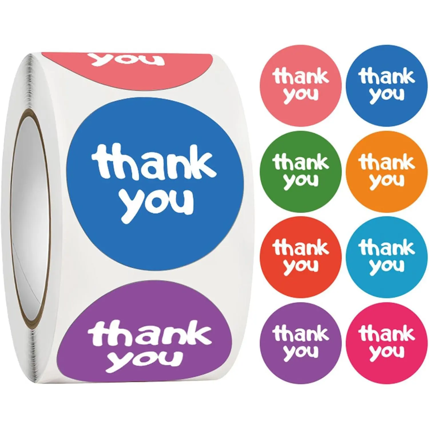 500-Count Round Self-Adhesive Sticker Roll, 1in Small Thank You Seals for Small Biz Packaging, 8 Candy-Colored Adhesive Stickers for Envelope Wraps (Colorful)