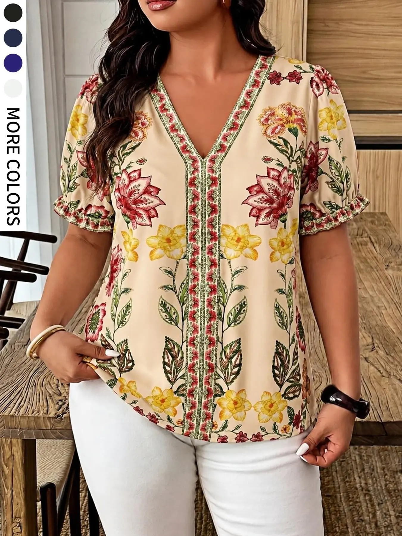 Women's Plus Size V Neck Printed Short Lantern Sleeve Blouse, Loose Fit, Casual Elegant Style Shirt for Daily Wear, Travel, Garden and Party