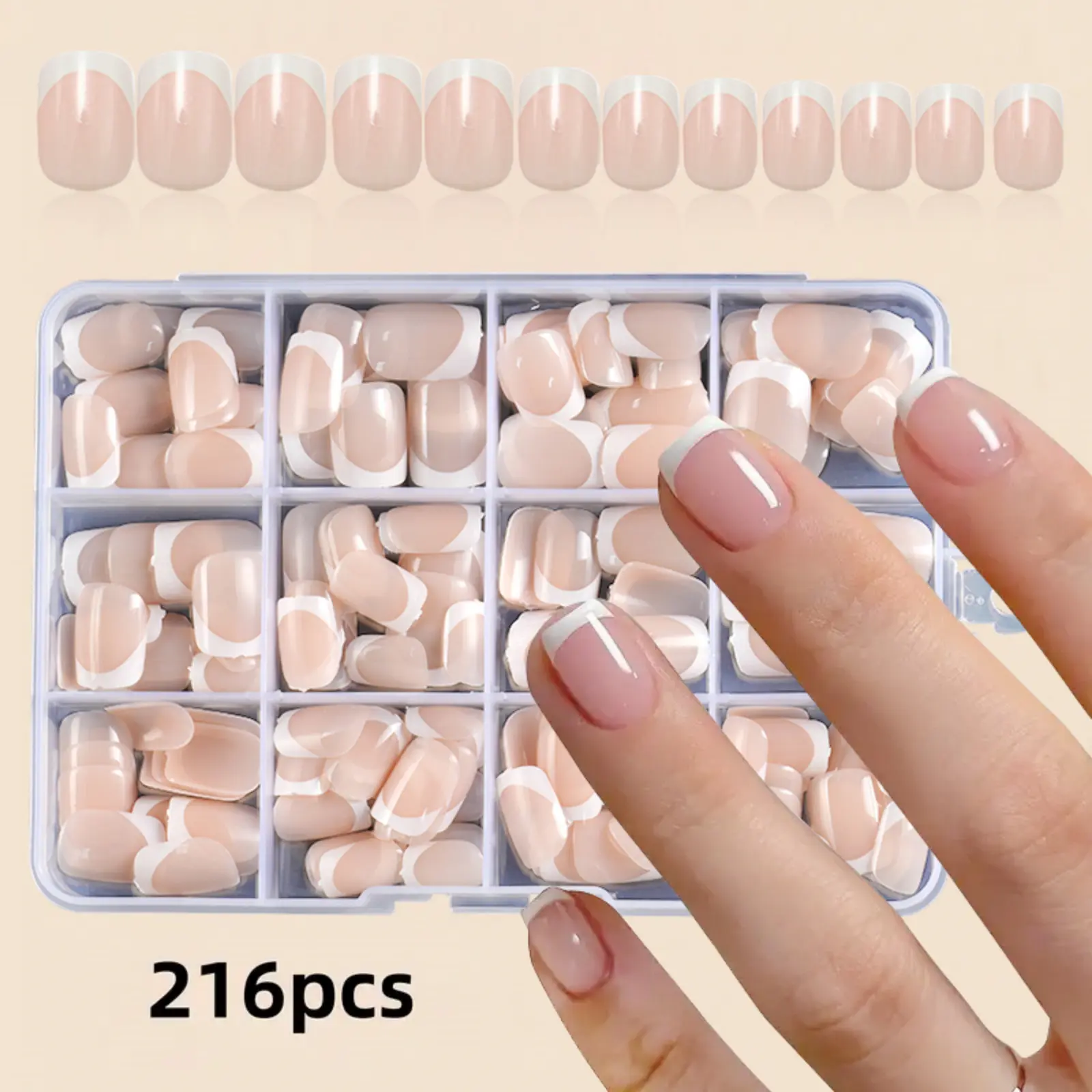 216pcs Nude Short French Press-On Nails, Glossy Full Coverage Removable Nail Stickers, Perfect for Daily Use and Party Events