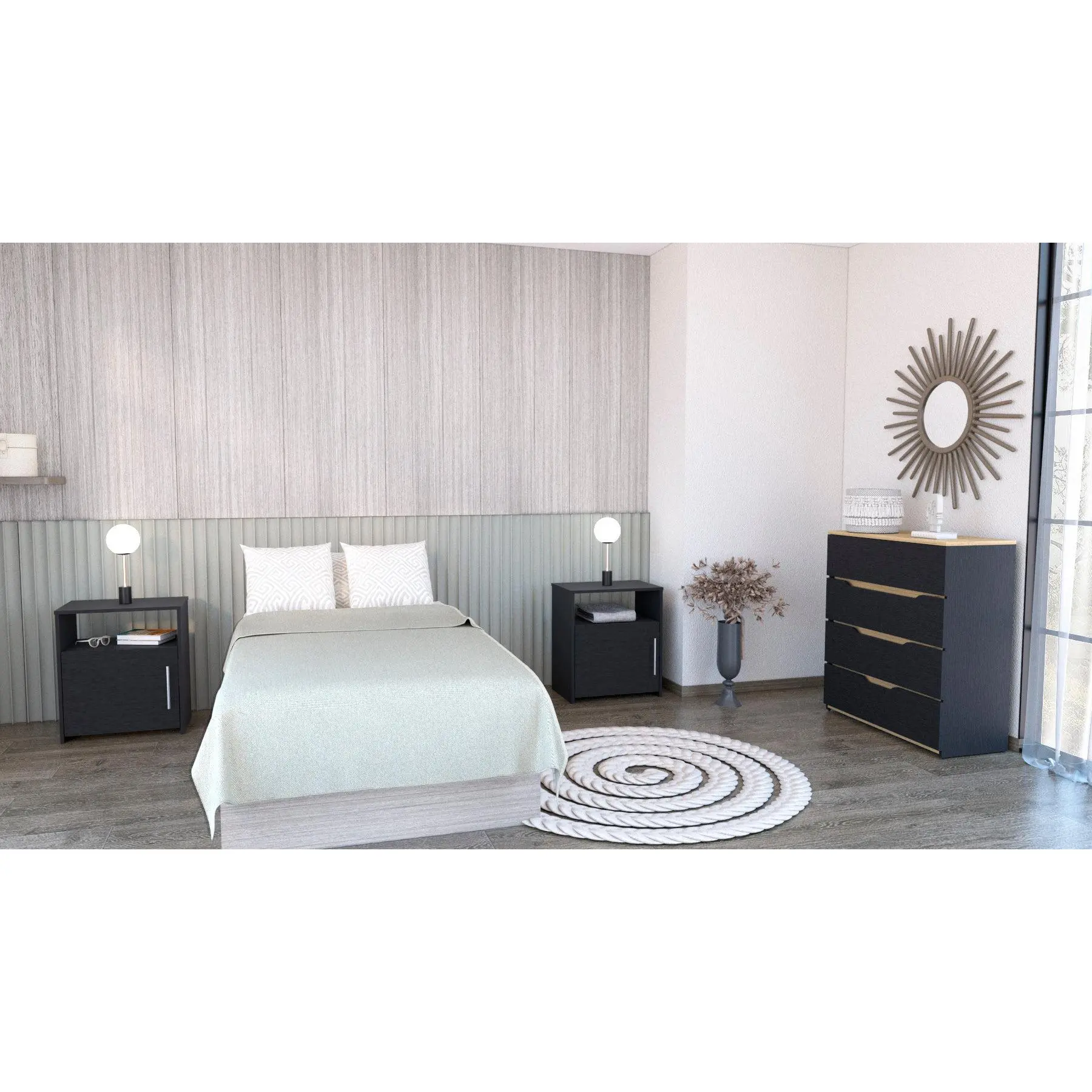 Nokaa 3-Piece Bedroom Furniture Set – Aralia Dresser & 2 Omaha Nightstands, Black/Light Oak, Particle Board, Ready-to-Assemble, Interlocking System, Pre-Drilled Holes, Easy Instructions, Bedroom Storage Combo
