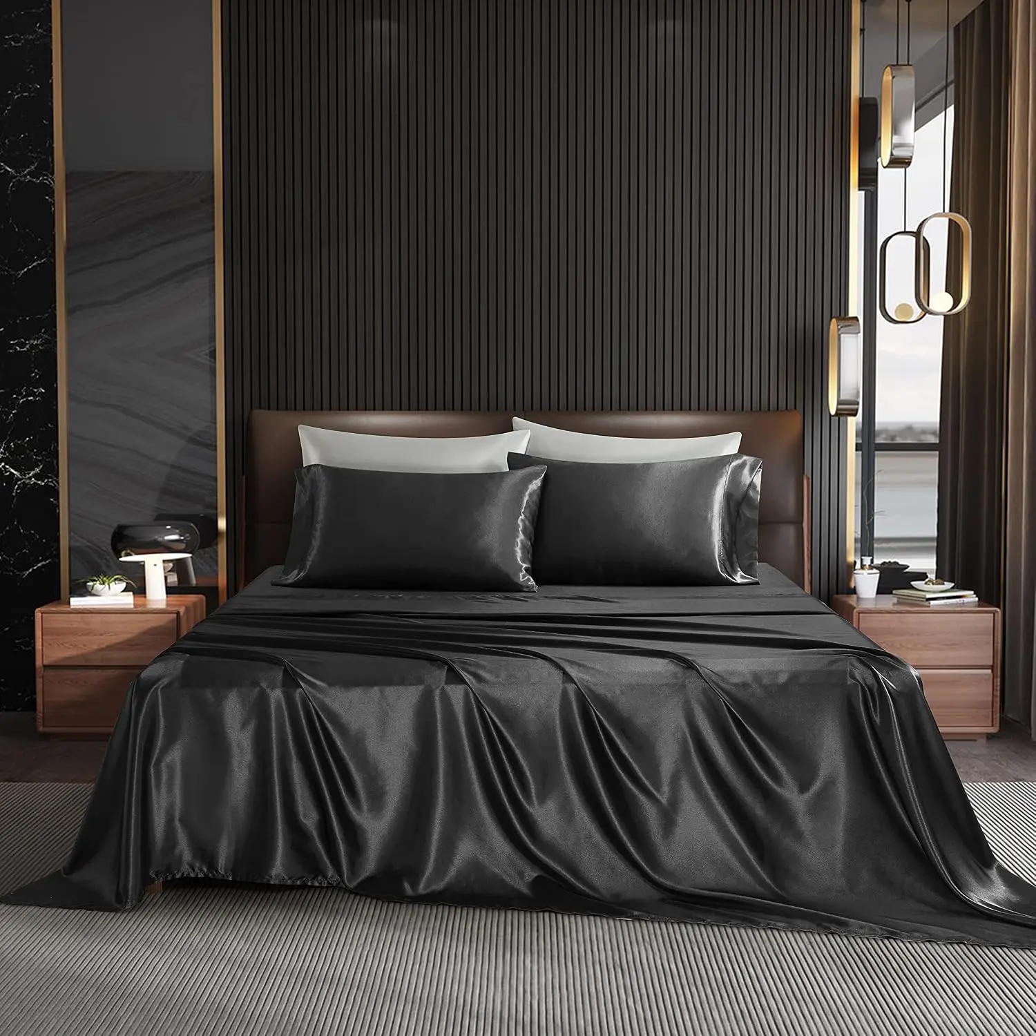 NA 4PCS Black Sheets Full Size Black Silk Sheets Sets Bedding Sets & Pillowcases with 1 Flat Sheet+1 Deep Fitted Sheet+2 Pillowcases