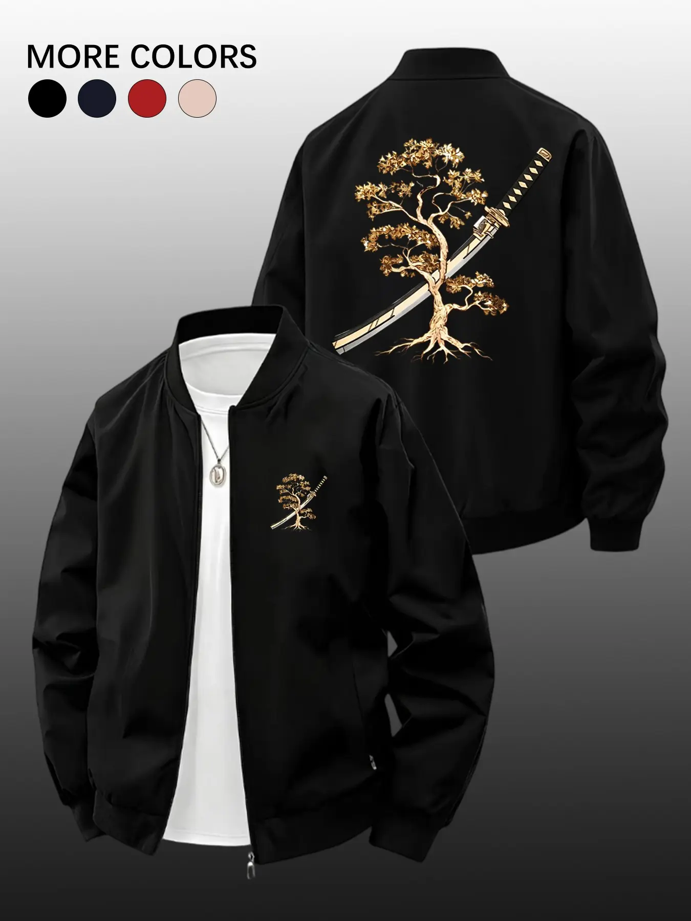 Men's Spring Fall Japanese Samurai Sword Print Long Sleeve Baseball Jacket, Classic Lapel Pilot Jacket, American Style + Eastern Aesthetic, Casual Street Wear