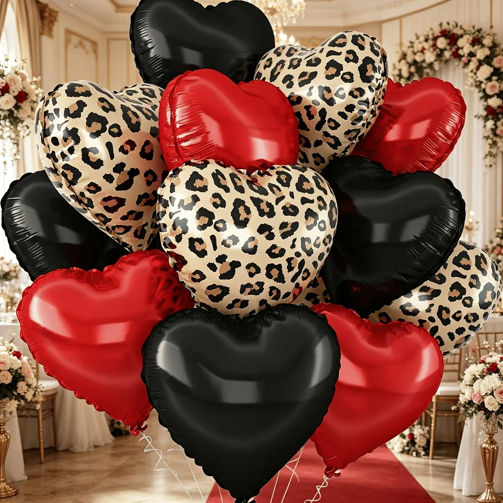 12pcs 18 inch leopard print black and red heart-shaped aluminum foil balloons - Leopard print, perfect for birthday parties, anniversaries, weddings, engagements, and coming of age decorations, Animal Print Balloons, Party Balloons Decorations