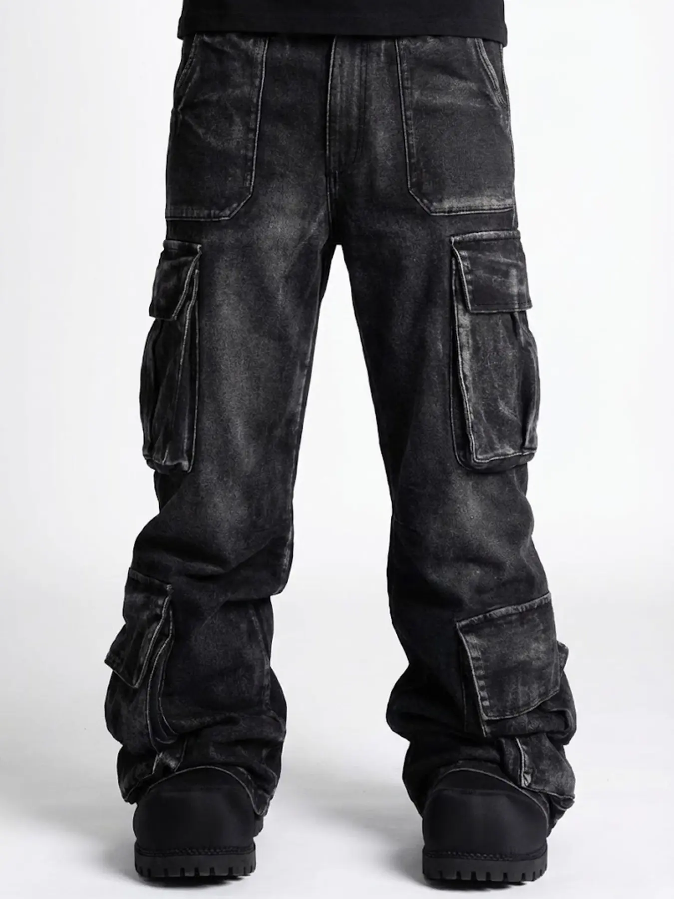 Men's Plus Size Washed Multi Pocket Cargo Jeans, Loose Wide Leg Streetwear Denim Trousers, Daily Street All Season Wear