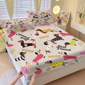Cute Dachshund Dog Print Fitted Sheet Set, 1 Fitted Sheet + 2 Pillowcases, Deep Pocket Non-Slip Mattress Protector, Cartoon Sausage Dogs In Colorful Clothes With Woof Letter Prints, Lovely Bedding For Dog Lovers Bedroom Decor