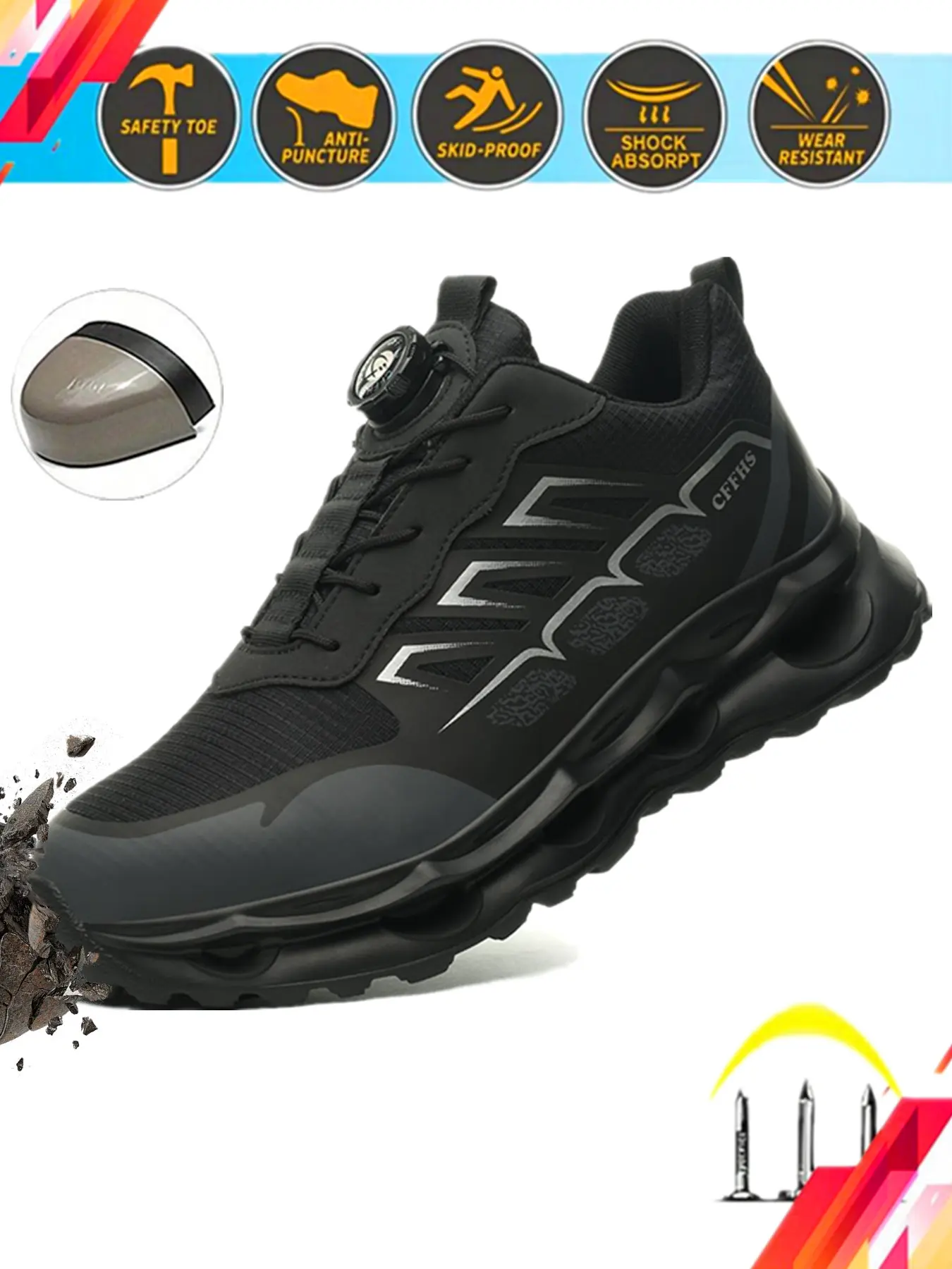 Men's Accident Protection Safety Shoes, EU Standard Steel Toe, Kevlar Puncture Resistant, Dial Quick Lacing System, Ideal for Daily Workshop Work, Working Shoes
