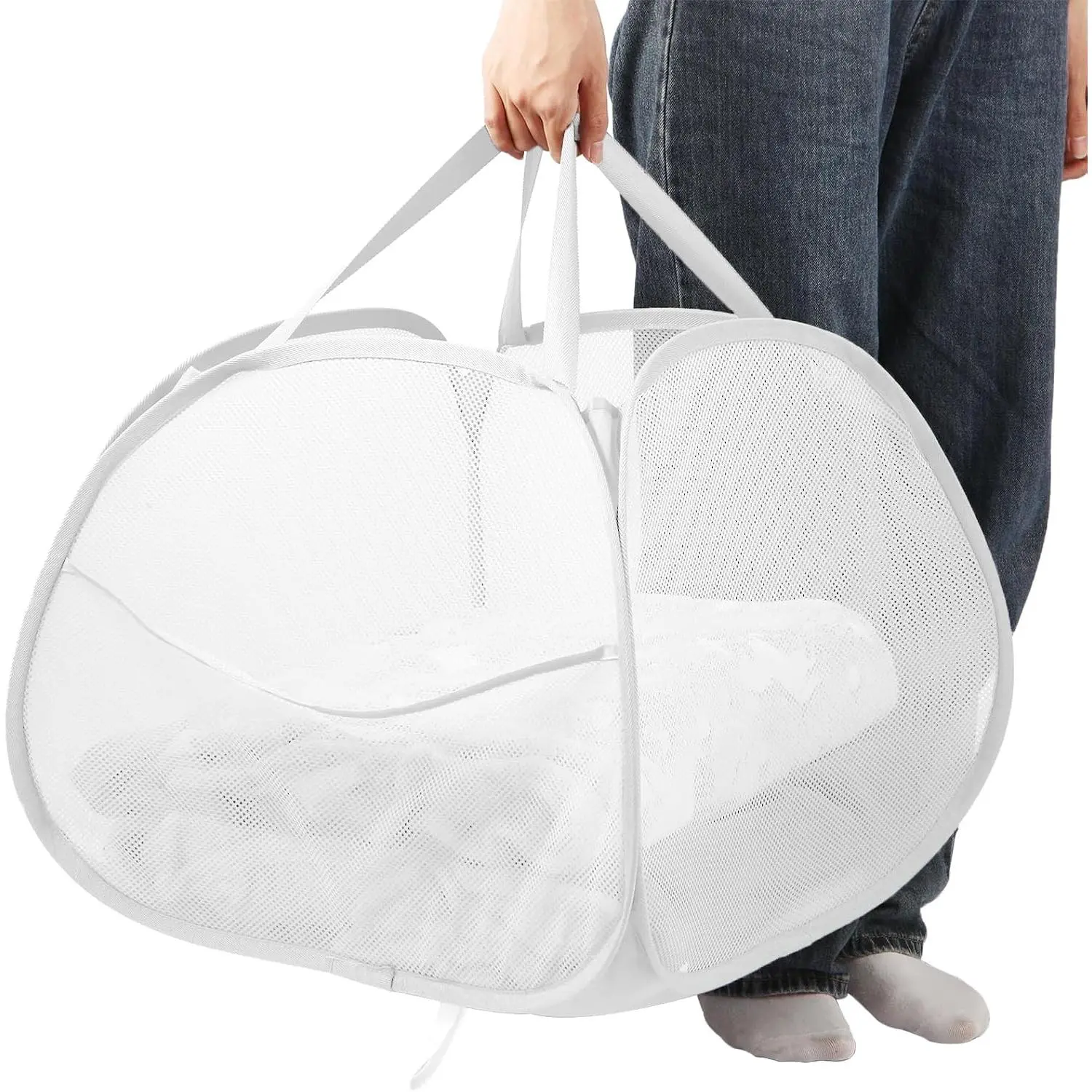 Collapsible Laundry Basket, 90L Large Foldable Mesh Pop Up Hamper for Laundry, Dirty Clothes, Bedroom, Bathroom, Dorm, Laundry Room, Travel, Camping, White