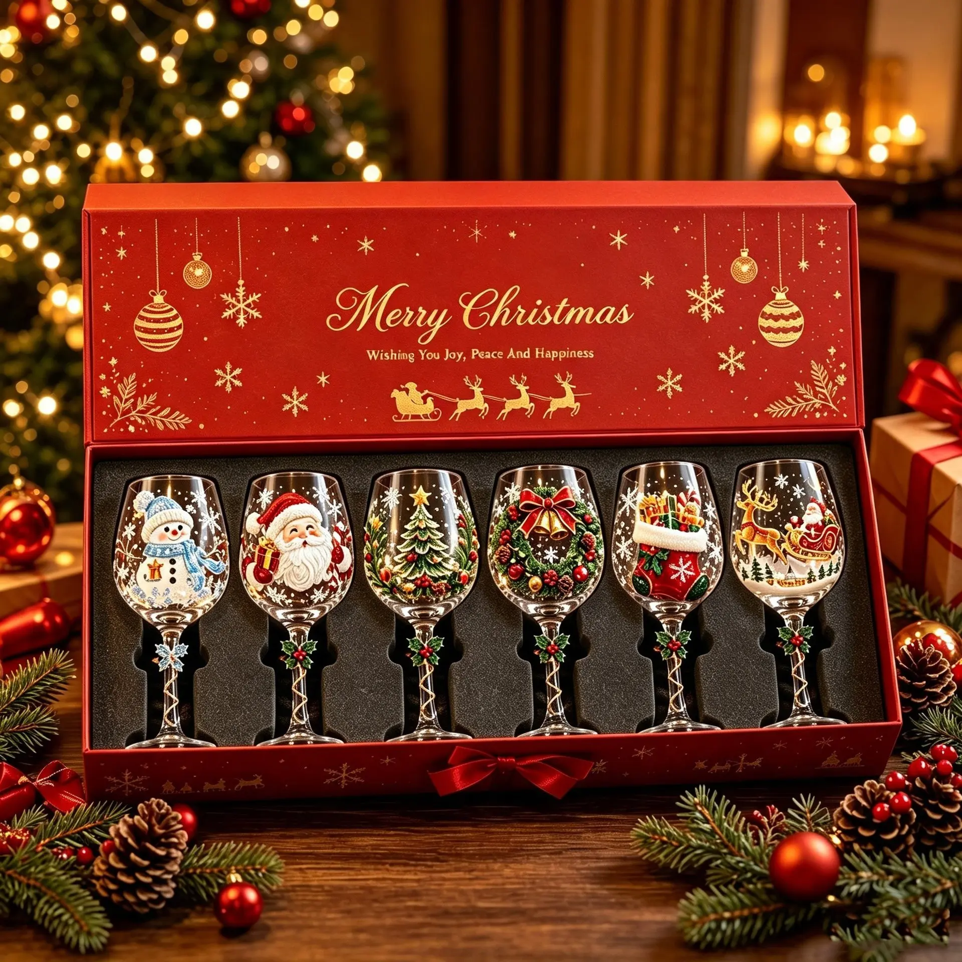 1/6pcs Christmas Glass Art Coupe Set, Printed Glass Cup Set, Luxurious Holiday Glassware, Perfect Christmas Gift, Practical and Stylish, Glass Drinkware