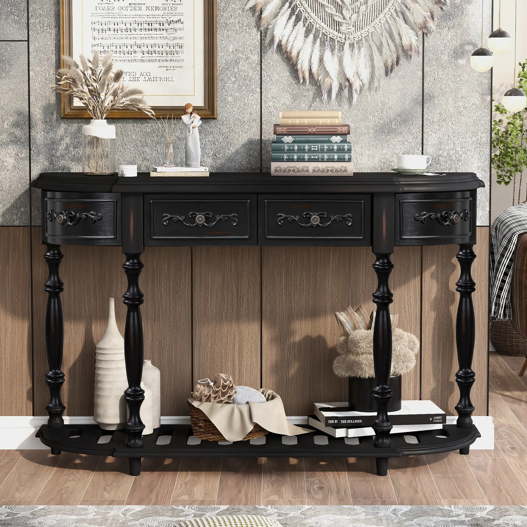 ARCH Modern Curved Console Table 52 Inch Sofa Table Entryway Table with 4 Drawers and 1 Shelf, MDF Black Hallway Table for Living Room, Entryway, Hallway, Bedroom, Storage Table with Open Shelf, Black Color Options, MDF Material, Product Dimensions: