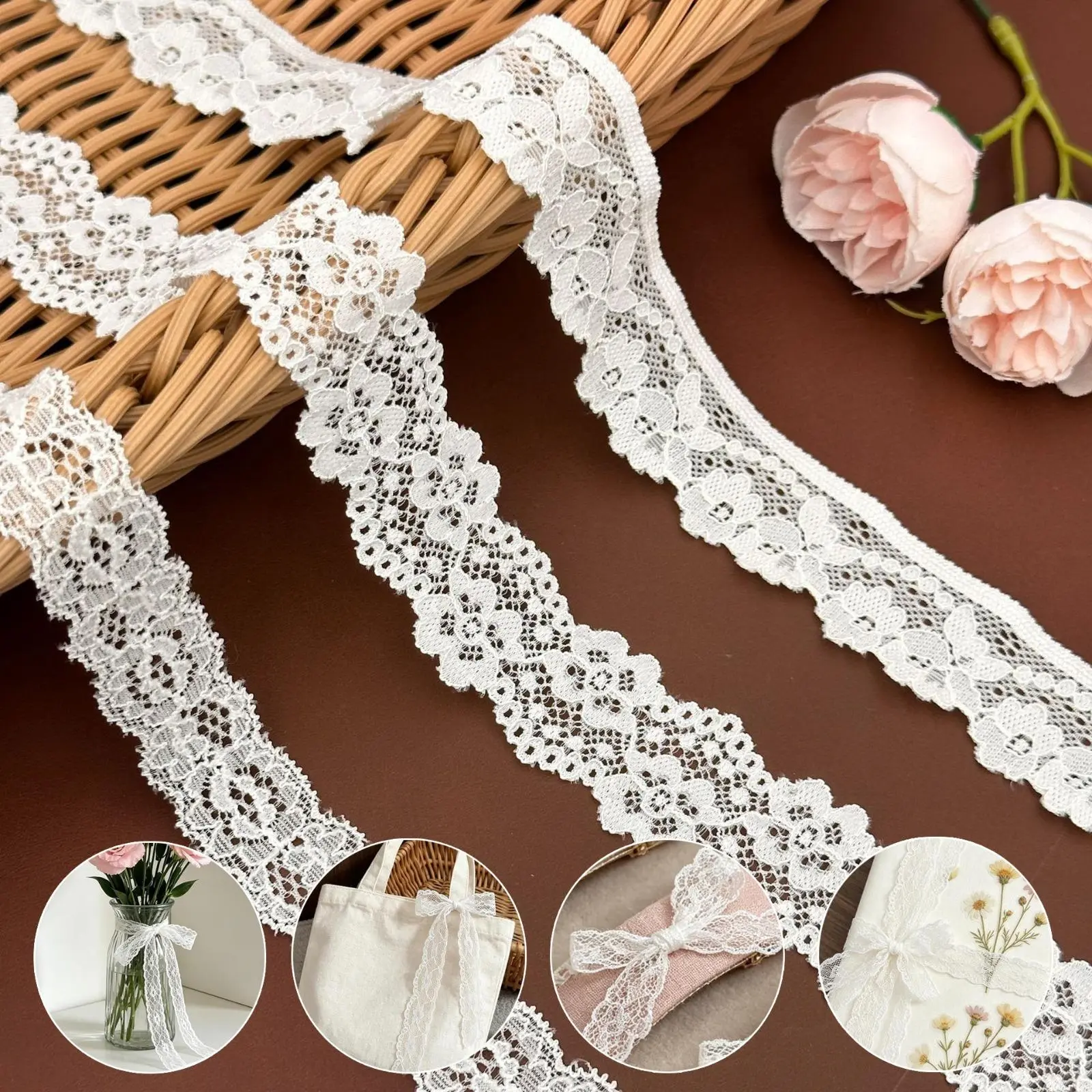 20 Yards Stretchy white lace decorative ribbon Floral Trim Sewing Accessories for Bouquet Packaging Wrapping Wedding Decorations DIY Crafts ,Vintage Flower Lace Ribbon Roll for Bridal