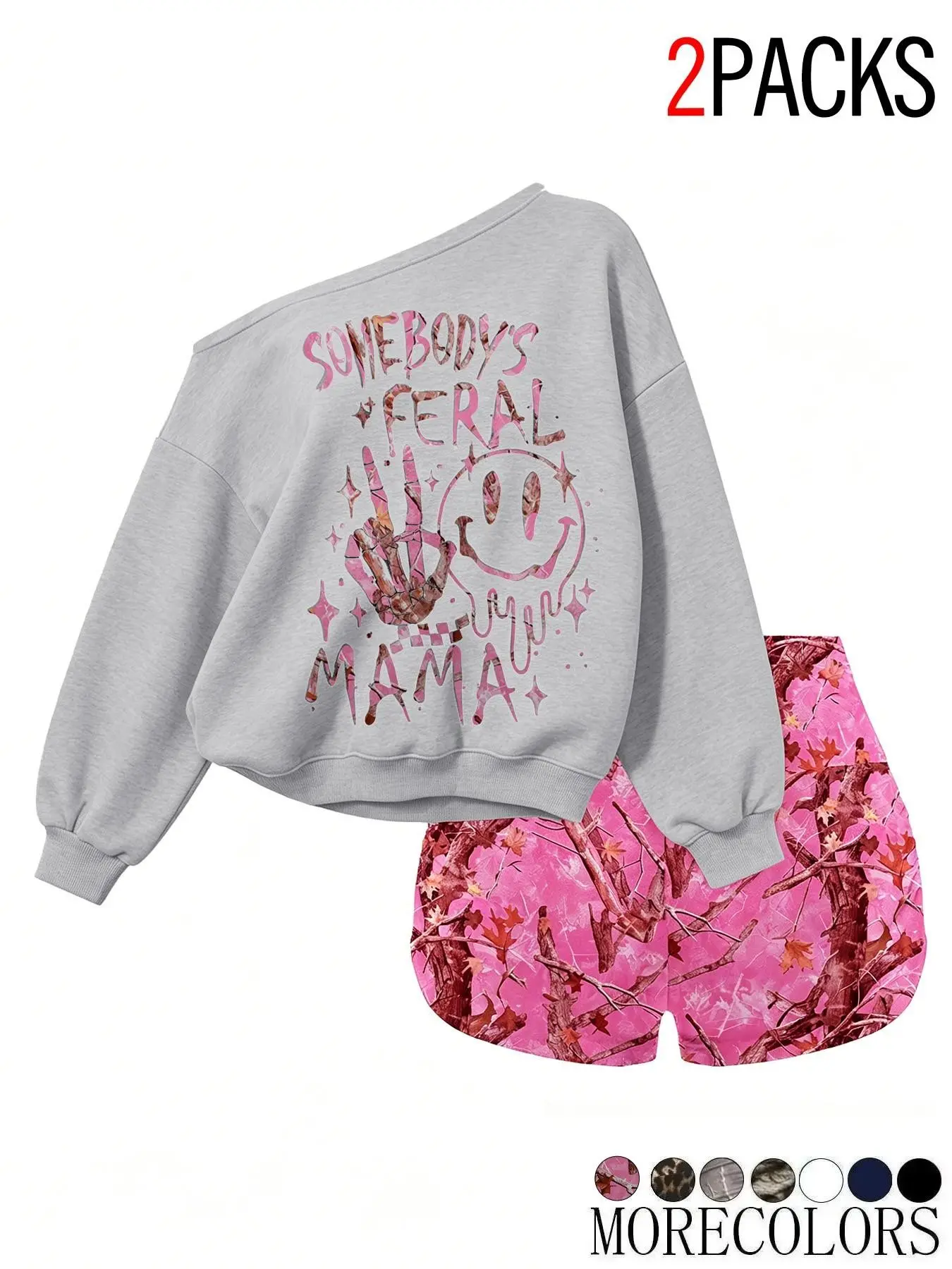 Women's Two-Piece Set, Casual Everyday Set, Asymmetrical Shoulder Graffiti Smile Sweatshirt, Camo Shorts, Loose Fit, Casual, Outdoor Wear