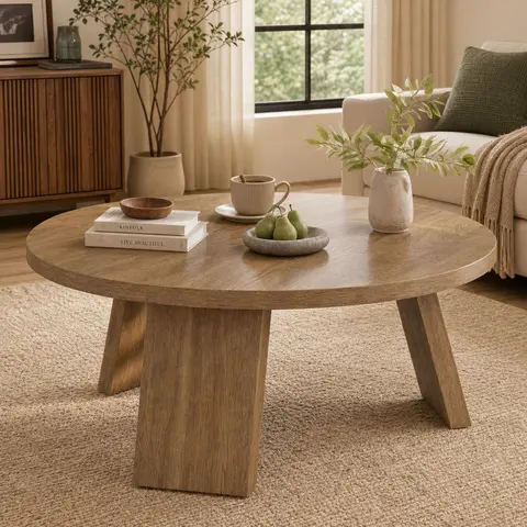 Retrowood 33.5x33.5in Modern Round Coffee Table - Inclined Legs, Easy-Assembly, Neutral Tones Home Decor for Living Room, Indoor Furniture Accent Table