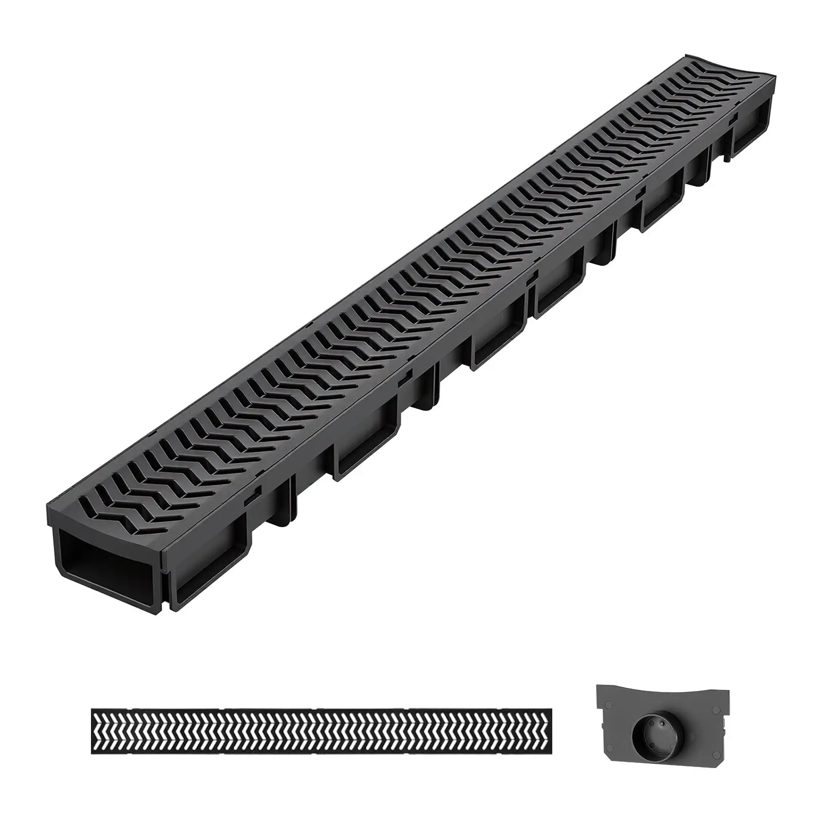 VEVOR 5-Pack HDPE Trench Drain System, 39.6x4.1x2.4 in Linear Drainage Channel with Grates & End Caps, Premium Outdoor Drain for Driveway, Patio, Pool (Black)