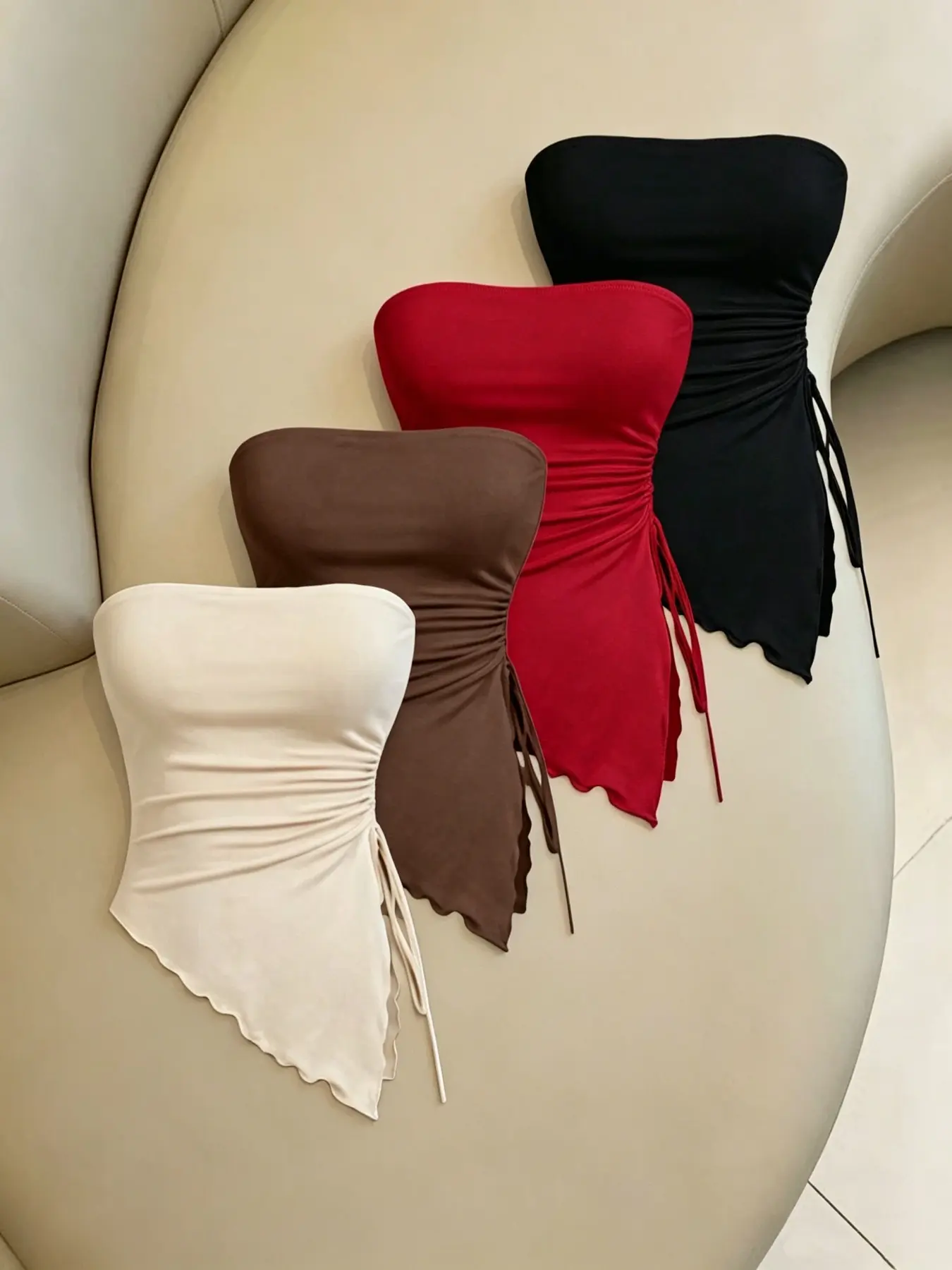 Spring Summer Fashion Y2K Sexy Women's Tube Top Outfit Set, Strapless Ruched Design, Four-Piece, Trendy and Versatile, Perfect for Casual Wear