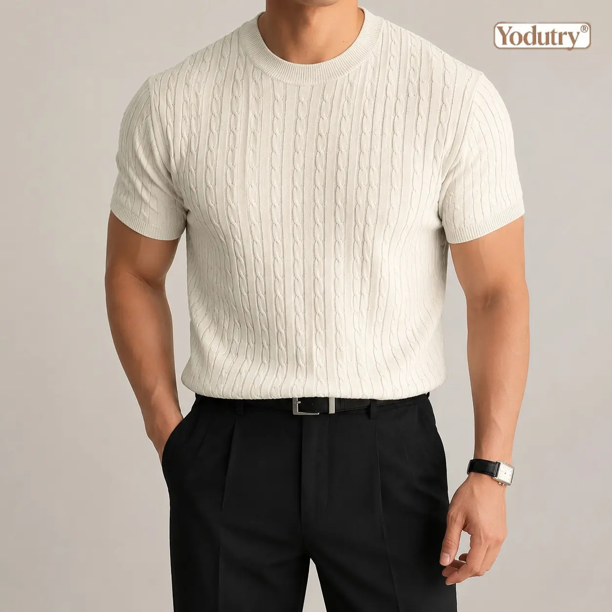 Yodutry | Mens Muscle Fit Cable Knit Short Sleeve Sweater, Premium Breathable Crew Neck Knitwear, Smart Casual Slim Fit Ribbed T-Shirt for Work & Date Night