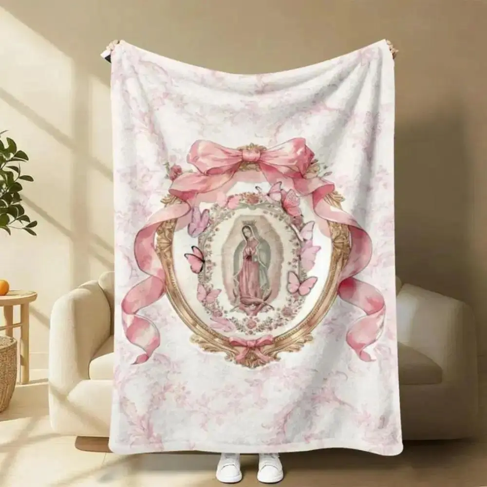 Cooling Blanket Virgin Mary Our Lady of Guadalupe Pink Bow Frame Flannel Blankets - Soft Cozy Plush Throw | Affordable Home Goods, Lightweight Portable for Sofa Bed, Religious Gift for Birthday Christmas, Fade Resistant, Polyester, Living Room