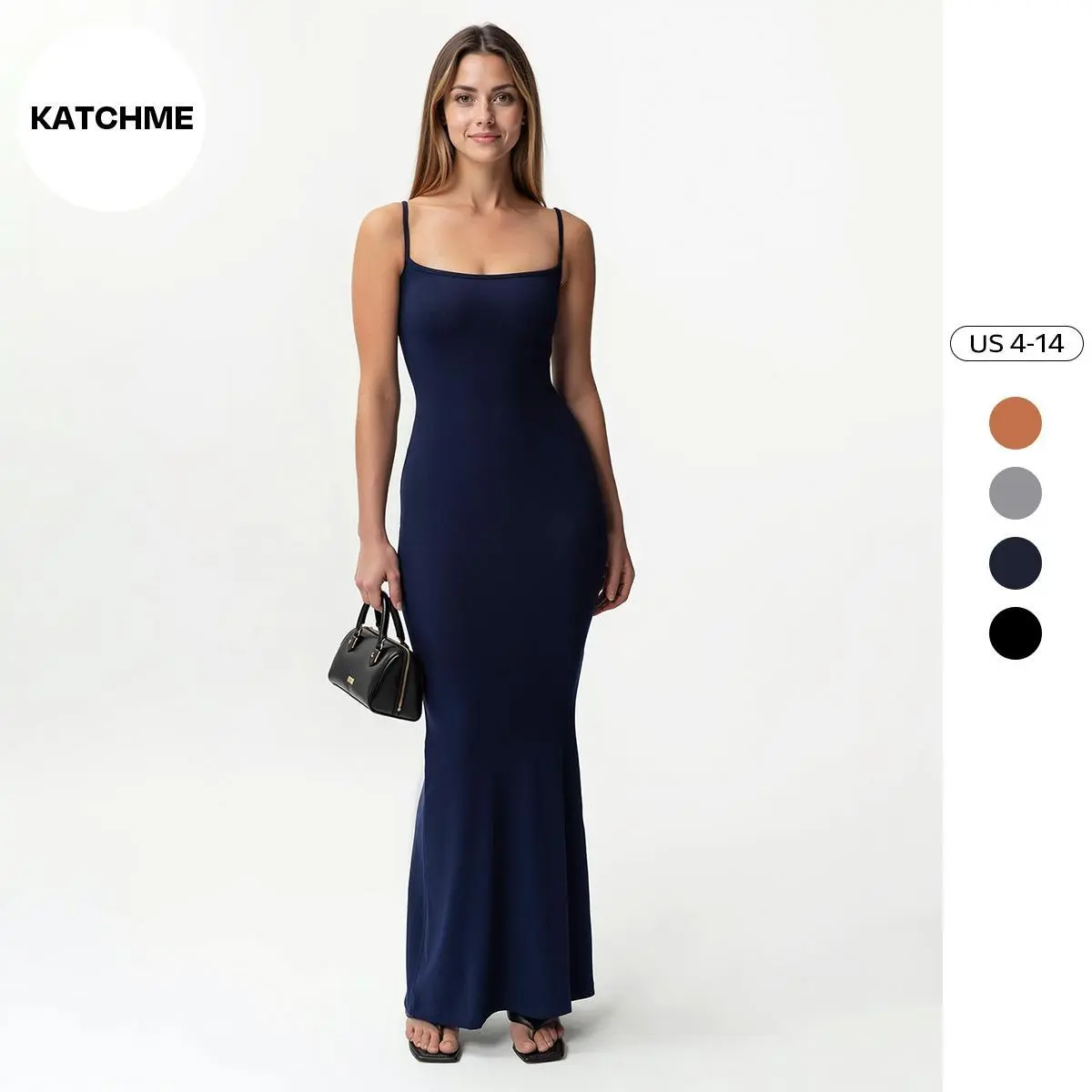 KatchMe Women's Elegant Solid Color Adjustable Strap Thin Waist Stretch Maxi Dress, Minimalist Spaghetti Strap Seamless Summer Dress, Dresses for Women