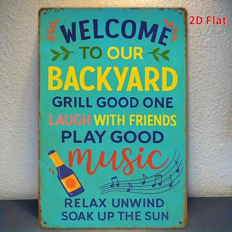 2D Flat - 1pc Durable Metal Sign | Nautical Decor, Room Decor Welcome To Our Backyard With Music Notes And Beer Mug Perfect For Home Or Garden Decor Retro Wall Decoration Vintage Wall Art Wall Hanging Iron Plaque