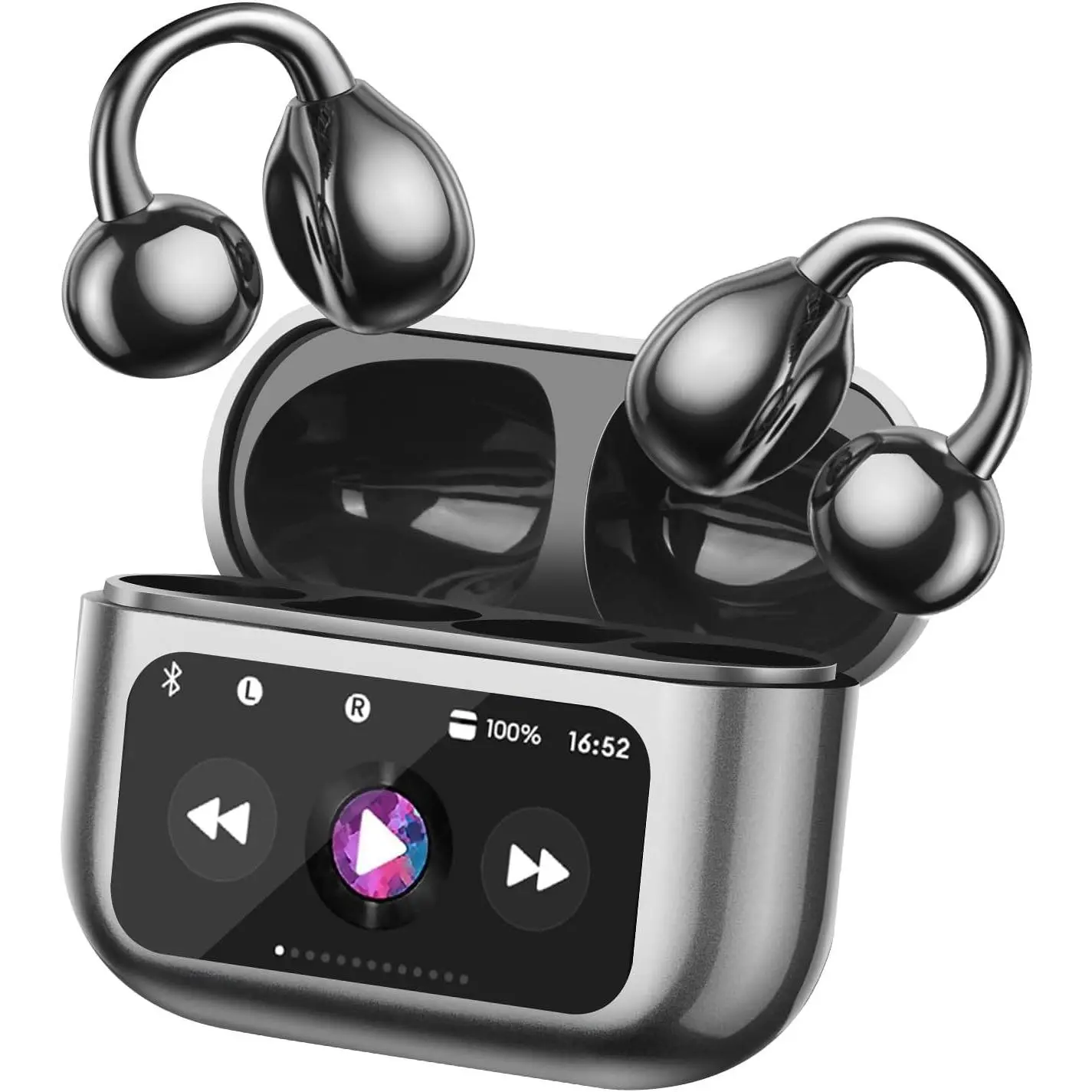 Open Ear Bone Conduction Headphones Bluetooth 5.4 Wireless Clip-On Earbuds with Digital Display Charging Case, 40 Hours Playtime, IPX7 Waterproof Sport Earphones with Built-in Mic for Running Fitness, BlackGift