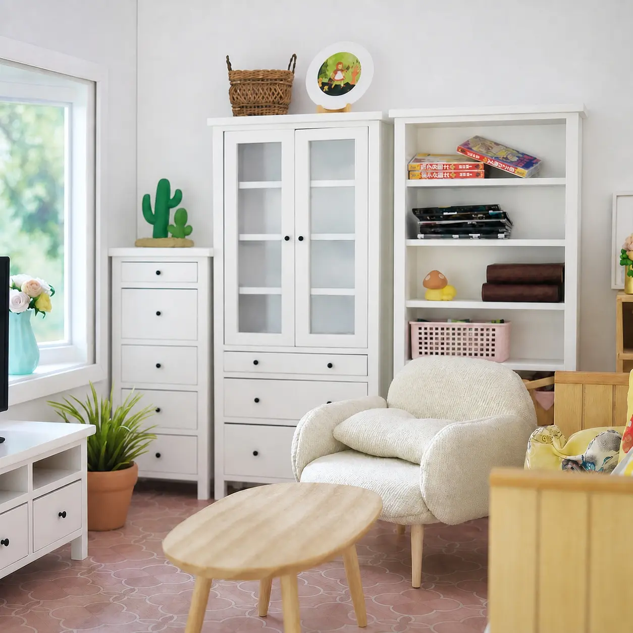 Miniature Dollhouse White Display Cabinet with Transparent Doors and Three Drawers, Bookcase Furniture Model for Living Room Study Diorama Decor