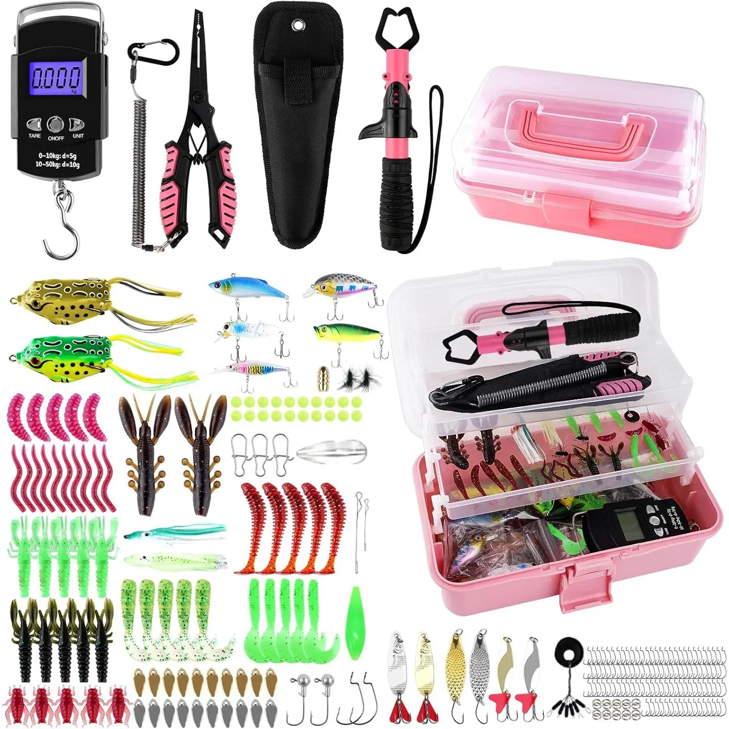 Pink 3-Layer Rust-Resistant Fishing Tackle Box Kit with Compact Fold, Portable Size, Cork Grips Multi-Tool Set — Includes Pliers, Fish Lip Gripper, Scale, Crankbait, Spinnerbaits, Soft Baits, Hooks — Ideal Gift for Anglers (Saltwater, Freshwater), Functio
