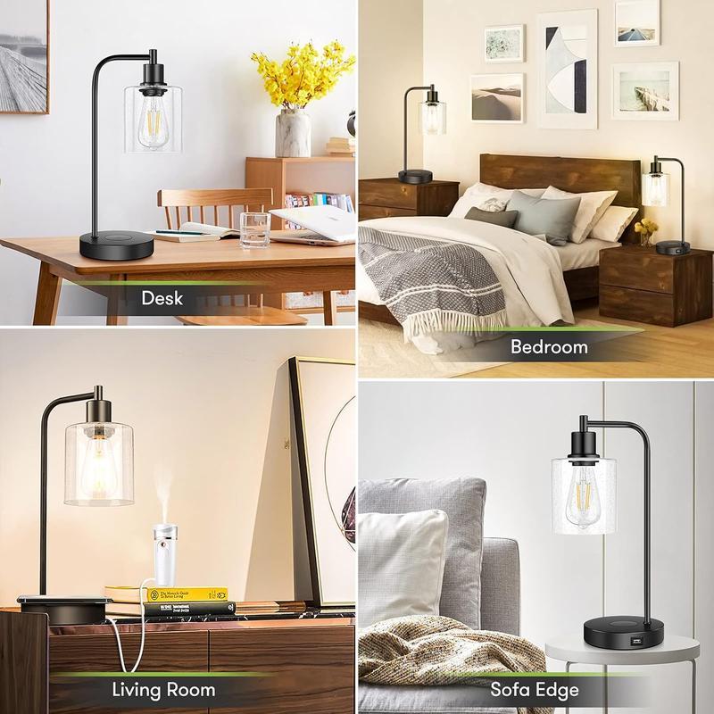 2Pcs Wireless Charging Industrial Table Lamp 3-Way Touch Control Dimmable Desk Lamp with USB Port Bedside Lamp with Hanging Seeded Glass Shade for Office Bedroom Living Room, Bulb Included